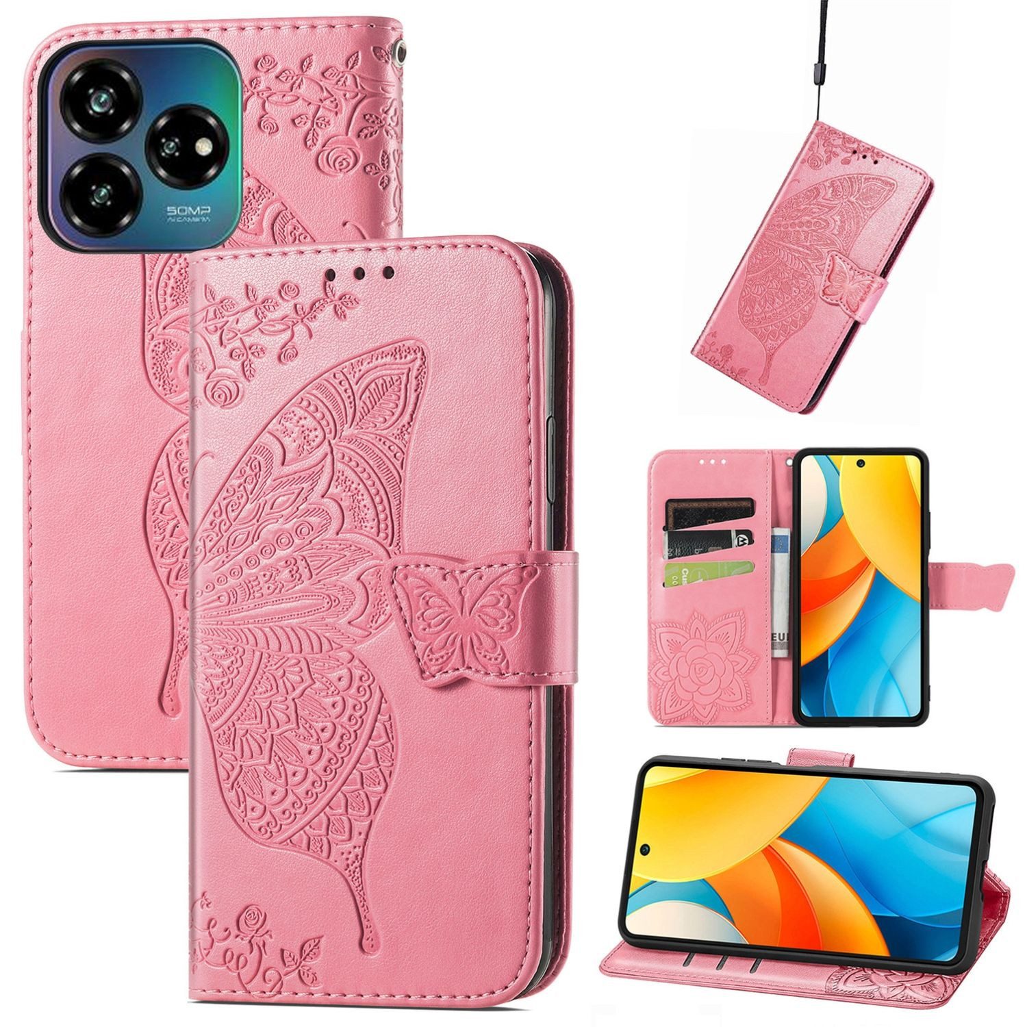 Wigento Smartphone-Hülle Für ZTE Blade V60 Vita / Axon 60 Lite Kunstleder Wallet Hülle Pink, Kunst-Leder Schutzhülle Smart Case Cover magnetischer Verschluss