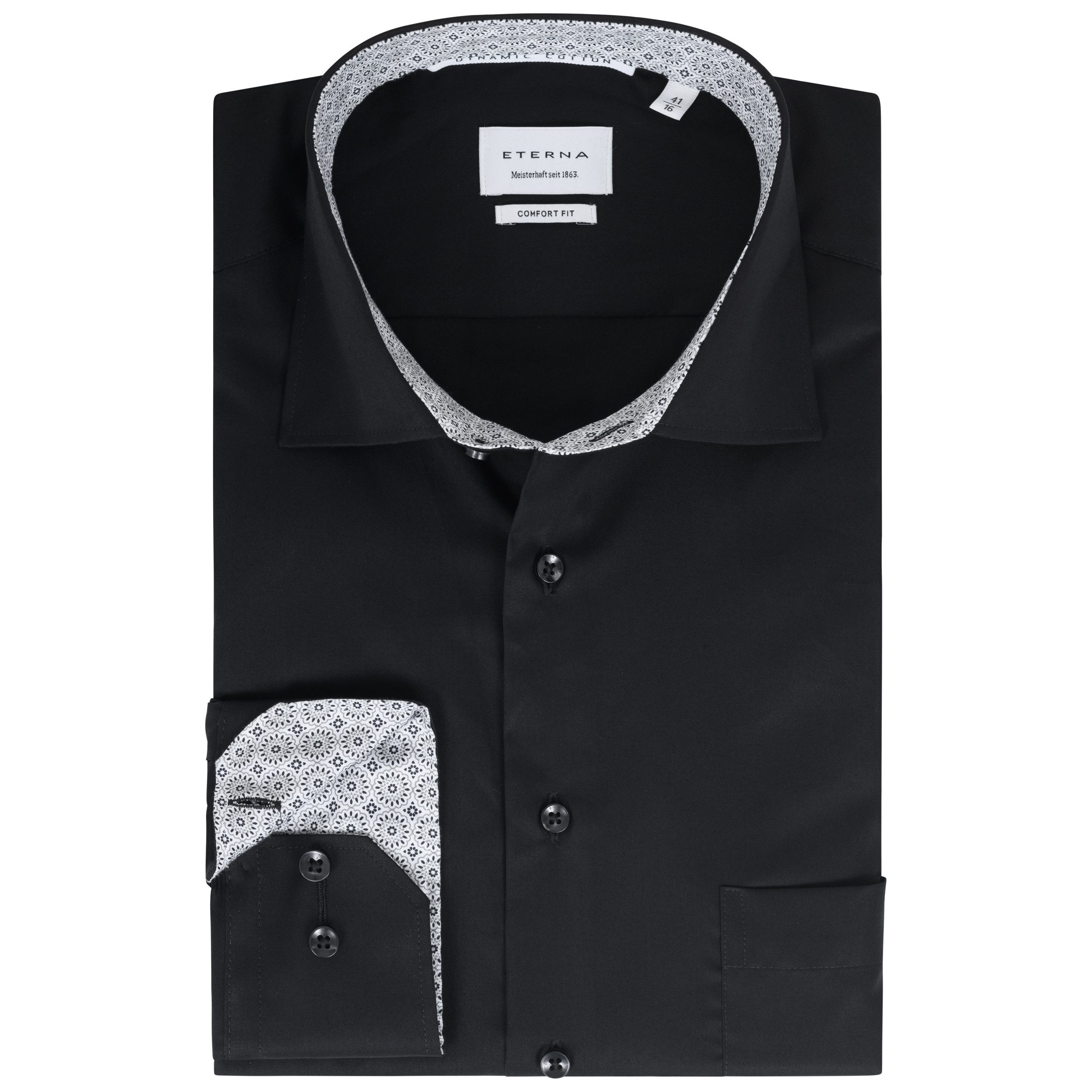Eterna Businesshemd Comfort Fit I Schwarz I Langarm I Bügelfrei I Dynamic Cotton™ Regular Langarm 65cm I Kentkragen mit Ausputz I 100% Baumwolle