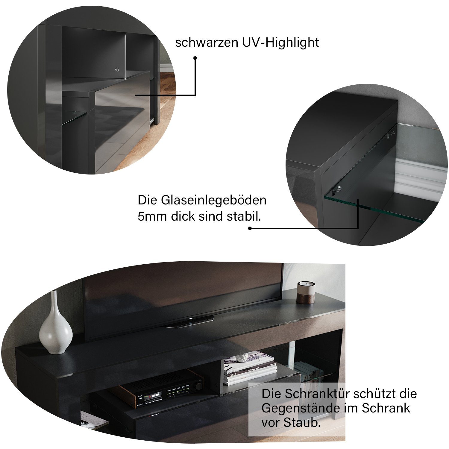 SONNI TV-Schrank Schwarzer 12 Led LED-Beleuchtung mit Stilvoll 140x35x50.5cm Beleuchtung, mit TV-Ständer Farben