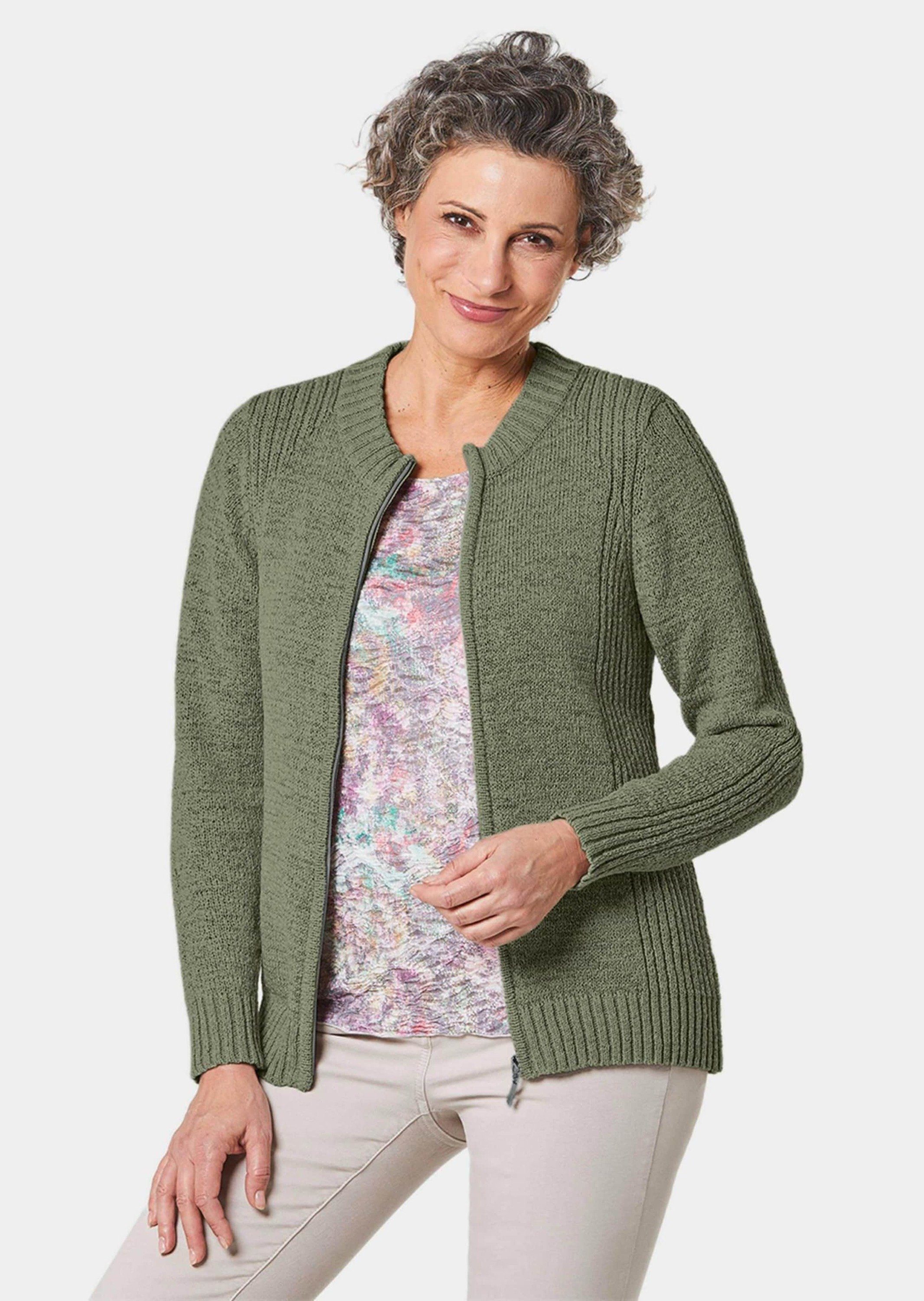 GOLDNER Strickjacke Strickjacke olivgrün aus in schöner Melange-Optik Bändchengarn