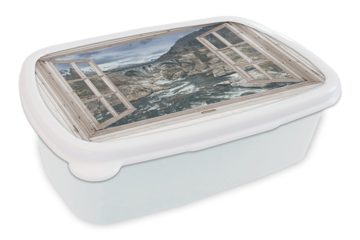 MuchoWow Lunchbox Aussicht - Brücke - Wasser, Kunststoff, (2-tlg), Brotbox für Kinder und Erwachsene, Brotdose, für Jungs und Mädchen weiß