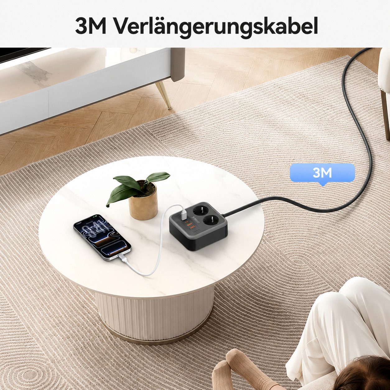 ORICO Steckdose 6-in-1 Mehrfachsteckdose mit USB-C PD 20W, 3 m Kabel, 1-St., 2 Steckdosen & 4 USB (2× USB-C), Kompakt-Powercube für Büro & Zuhause – Bild 5 von 5