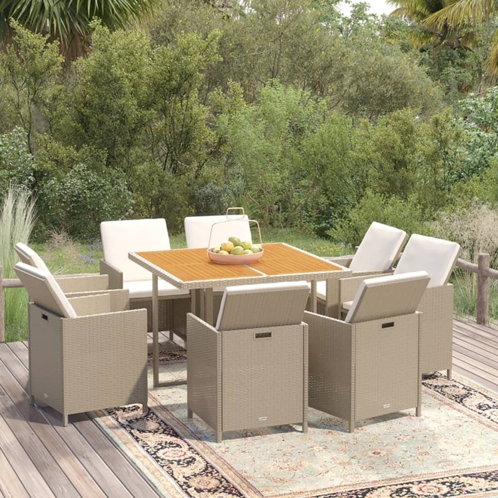 vidaXL GartenEssgruppe 9tlg. GartenEssgruppe mit Kissen Poly Rattan