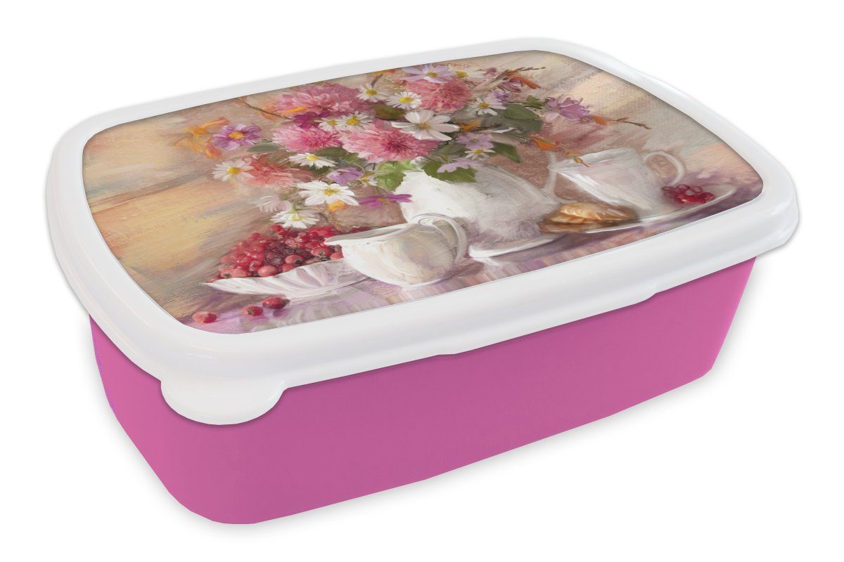 MuchoWow Lunchbox Gemälde - Blumen - Vase - Ölfarbe, Kunststoff, (2-tlg), Brotbox für Erwachsene, Brotdose Kinder, Snackbox, Mädchen, Kunststoff rosa