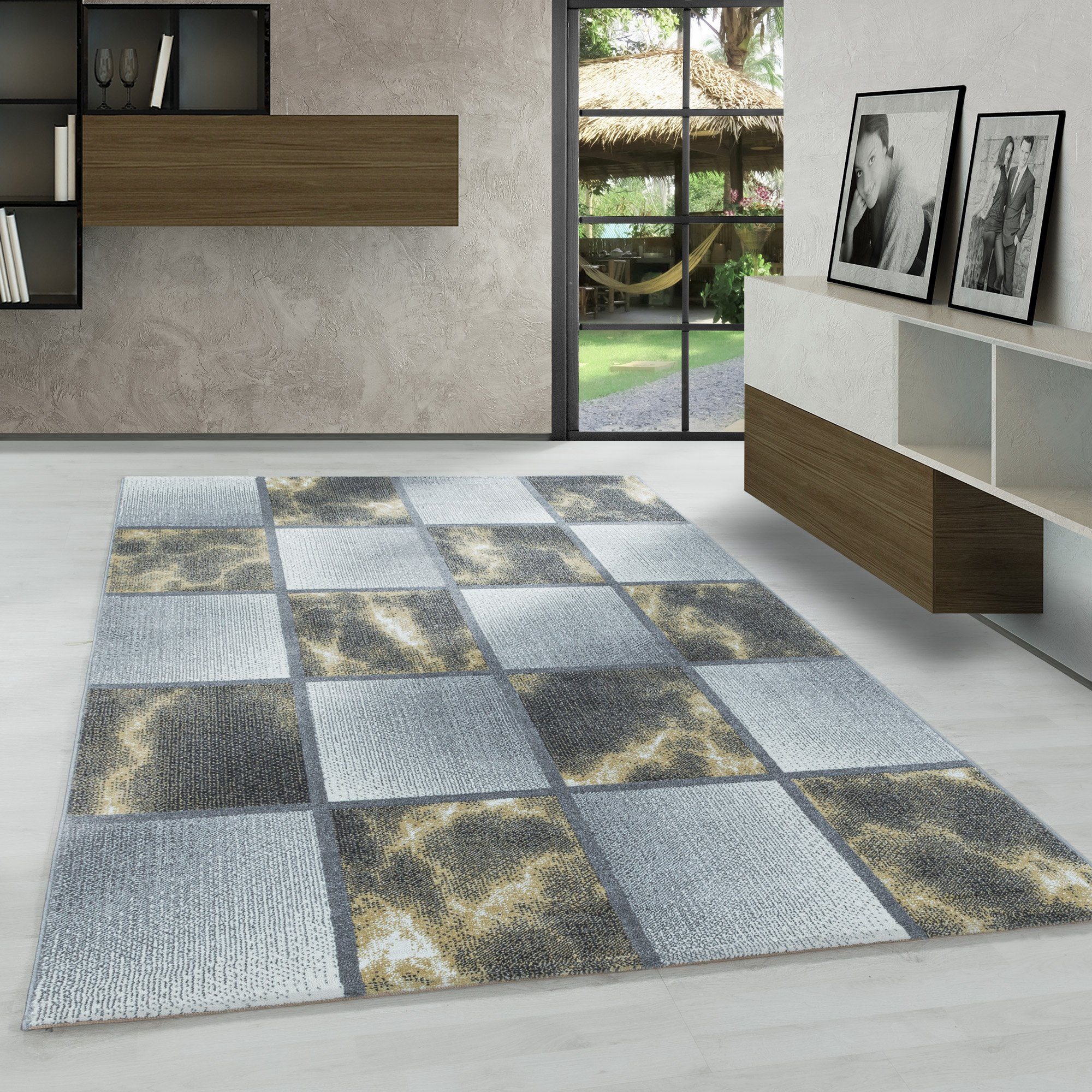 Frisé-Teppich Kariert Design, Carpetsale24, Läufer, Höhe: 8 mm, Kurzflor Teppich Wohnzimmer Kariert Design verschidene größen