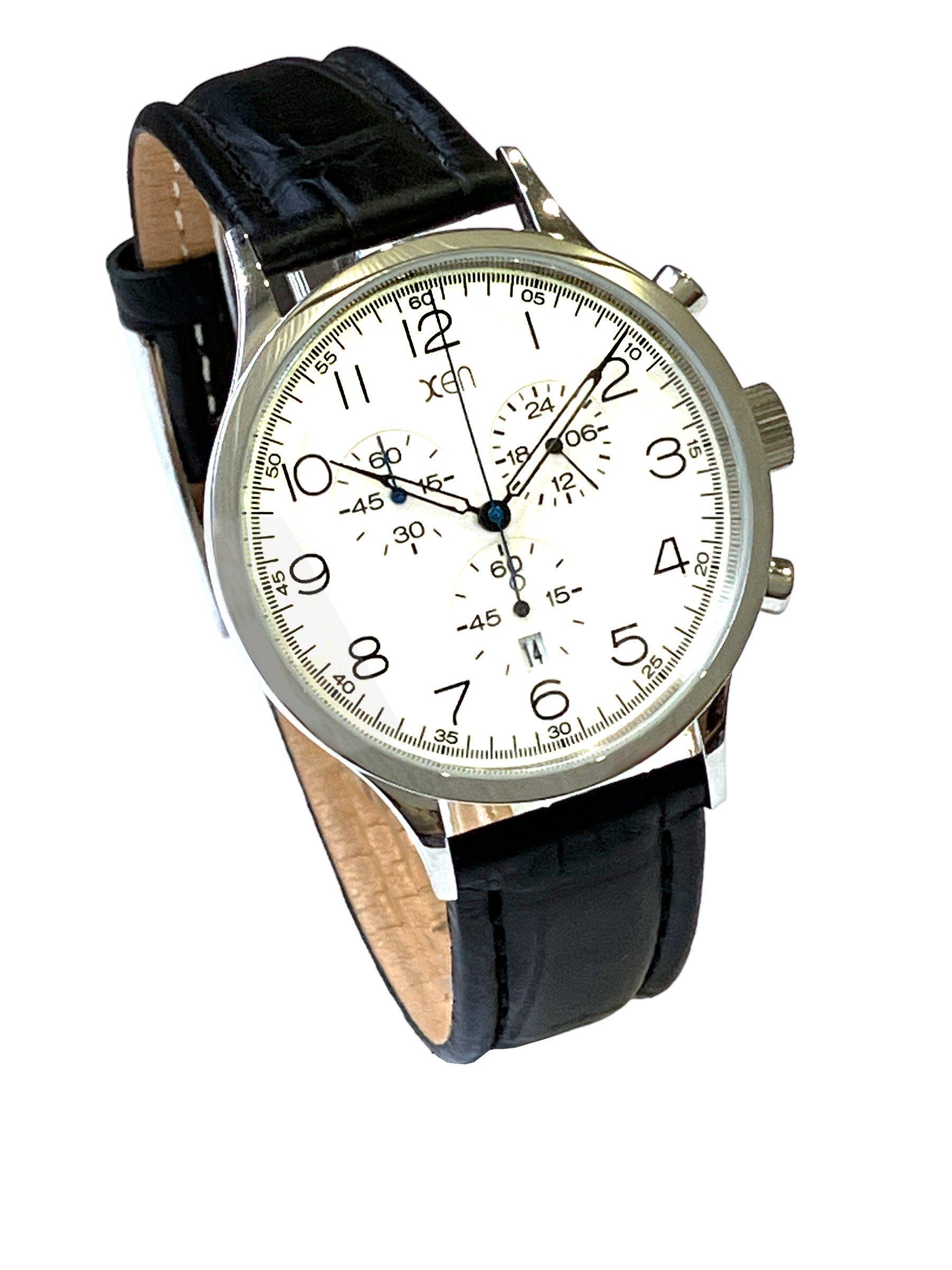 XEN Quarzuhr Herren Chronograph Edelstahl Schwarz Weiß Datum Stoppuhr Rund XQ0046, Lederband Kroko-Struktur, Gehäuseboden gedrückt