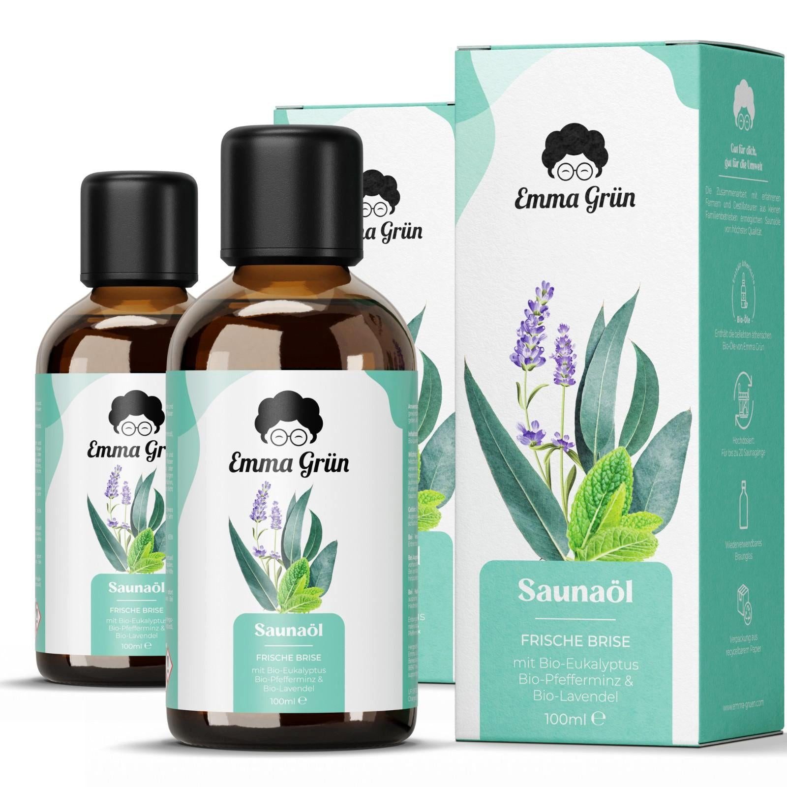 Emma Grün Sauna-Aufgussset Bio Saunaöl 100 ml, Saunaaufguss mit Eukalyptus, Menthol & Lavendel (2-tlg)