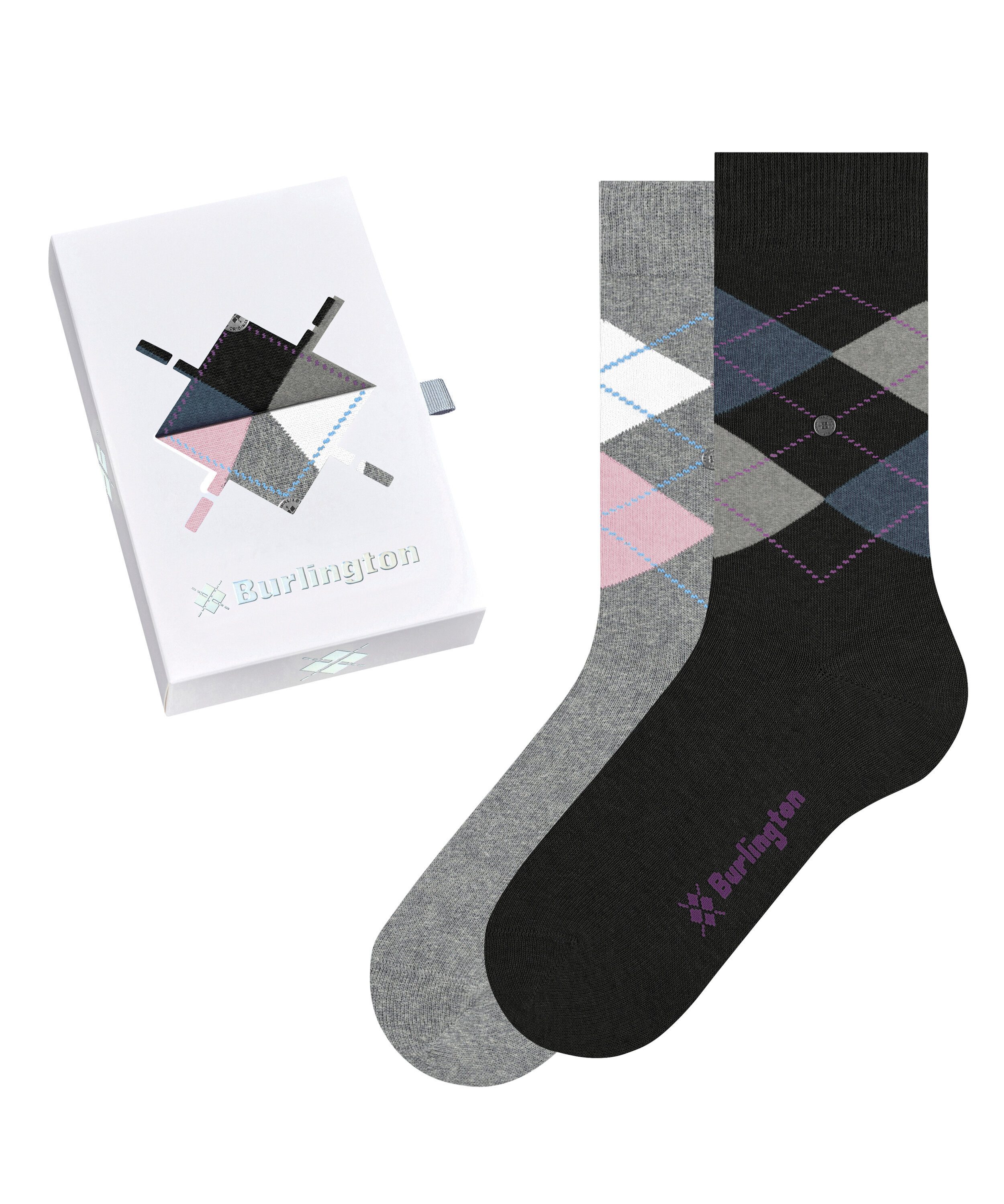 Burlington Socken Basic Gift Box (2 Paar) Gift-Box, Argyle-Design, Burlington-Clip, Einheitsgröße 36-41