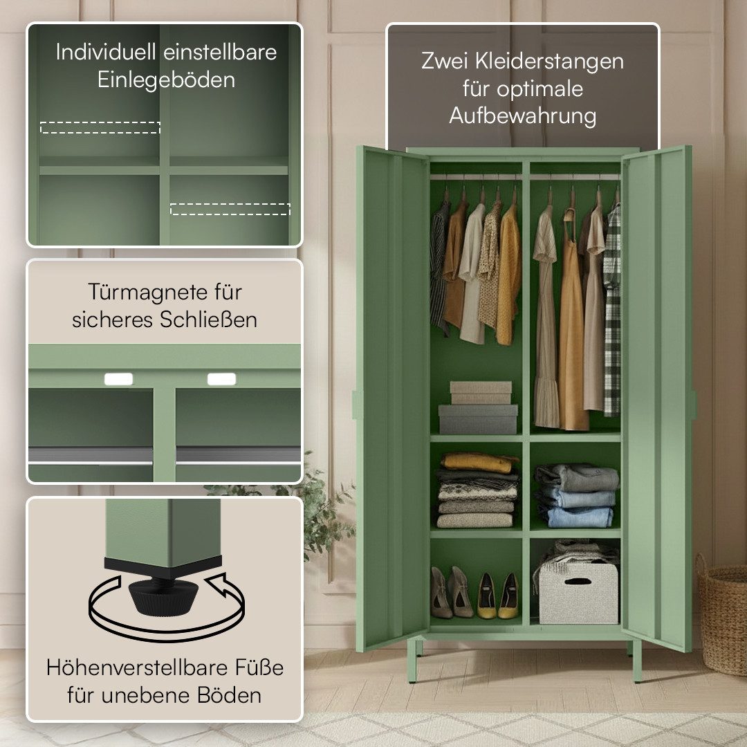 skølm Kleiderschrank Ituri aus Metall (Mintgrün) Metallschrank mit 6 Fächern & 2 Kleiderstangen, 170x80x45 cm
