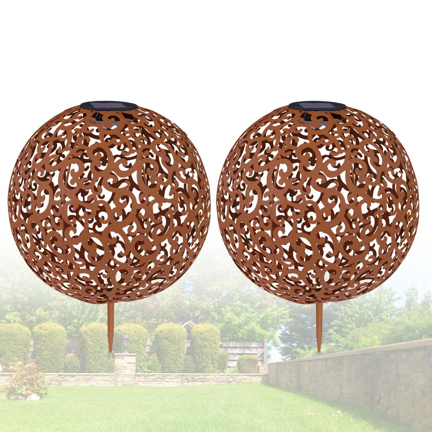 bmf-versand LED Solarleuchte Solarleuchte Garten Solarlampe 2er Set Außen Kugel 28 cm Rost Optik, Gartenlampe Solar, LED fest integriert, Warmweiß, Solarkugel
