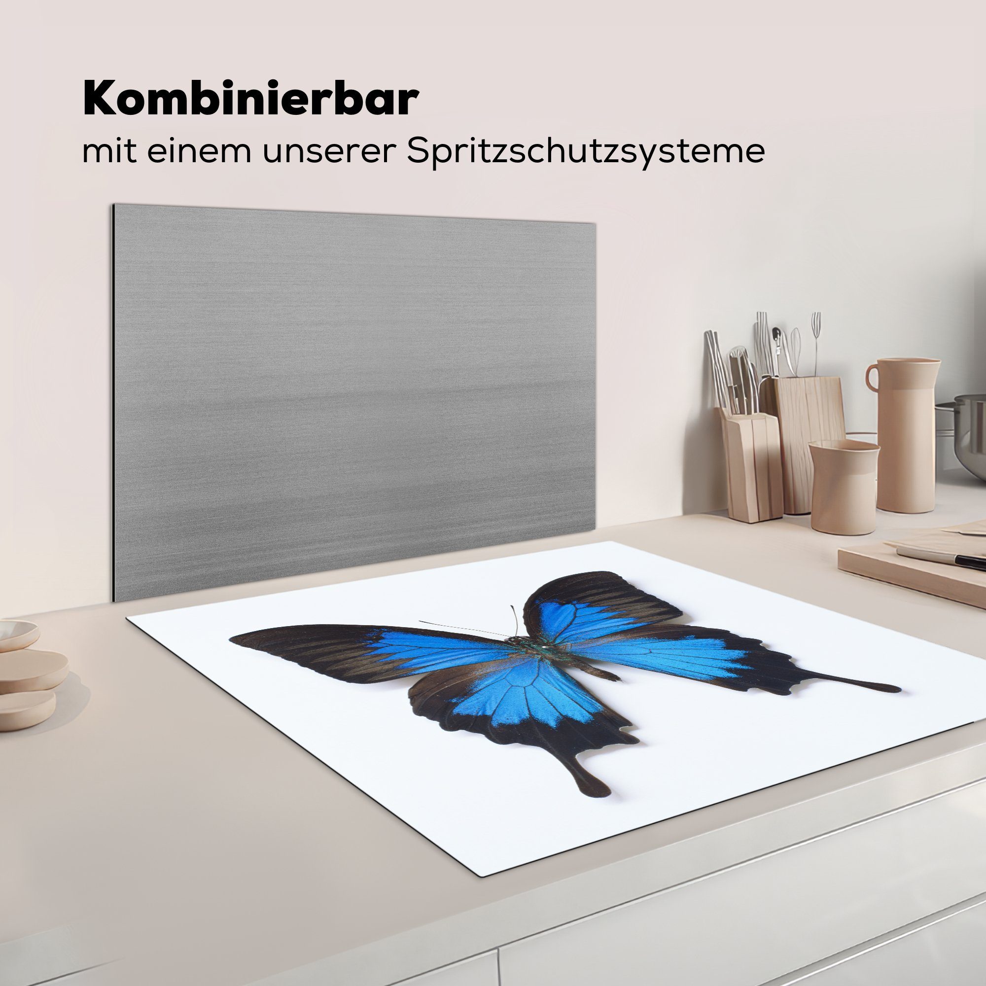 Vinyl, tlg), cm, Herdblende-/Abdeckplatte küche für Arbeitsplatte - Ceranfeldabdeckung, Schmetterling Blau, (1 Insekten MuchoWow 78x78 -