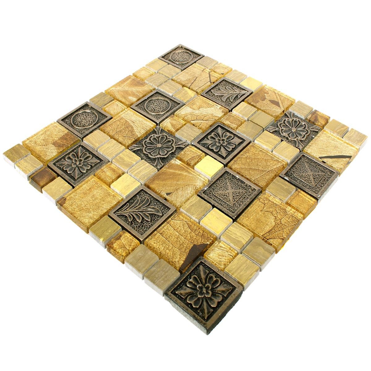 Mosafil Mosaikfliesen Mosaikfliesen Levanzo Glas Resin Ornament Mix, Naturstein-Resin-Glas 30.000x30.000, gold-beige-braun, Verlegefertig auf ein Netz geklebt