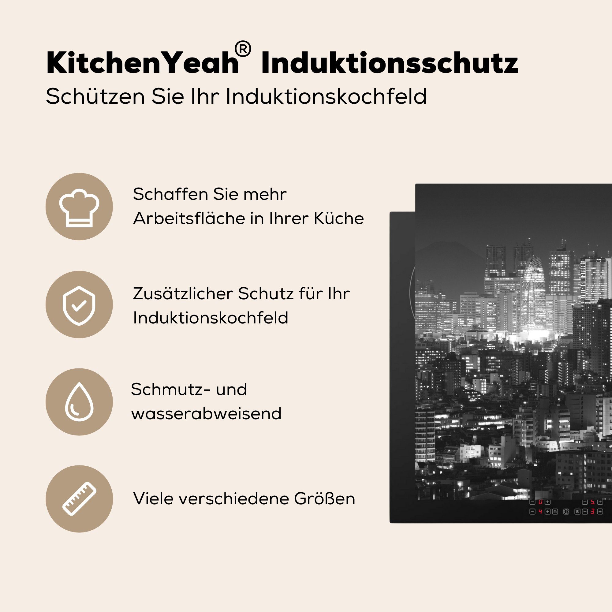 MuchoWow Herdblende-/Abdeckplatte Wolkenkratzer - Arbeitsplatte Schwarz - Nacht, Ceranfeldabdeckung, 78x78 cm, küche - (1 tlg), Vinyl, für Weiß