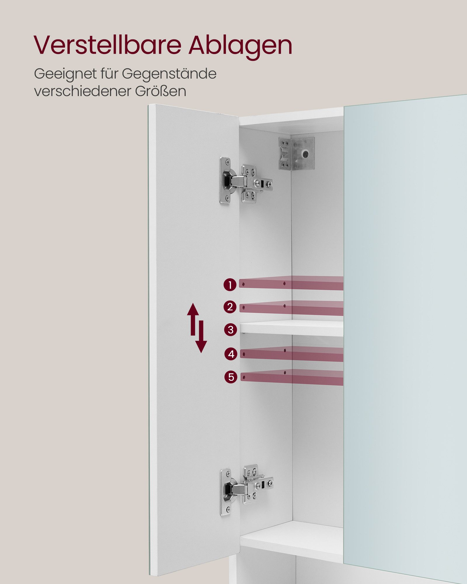 VASAGLE Spiegelschrank Badschrank Breite 70-90cm, mit 3 Türen, offenes Fach, verstellbare Ablagen – Bild 5 von 5