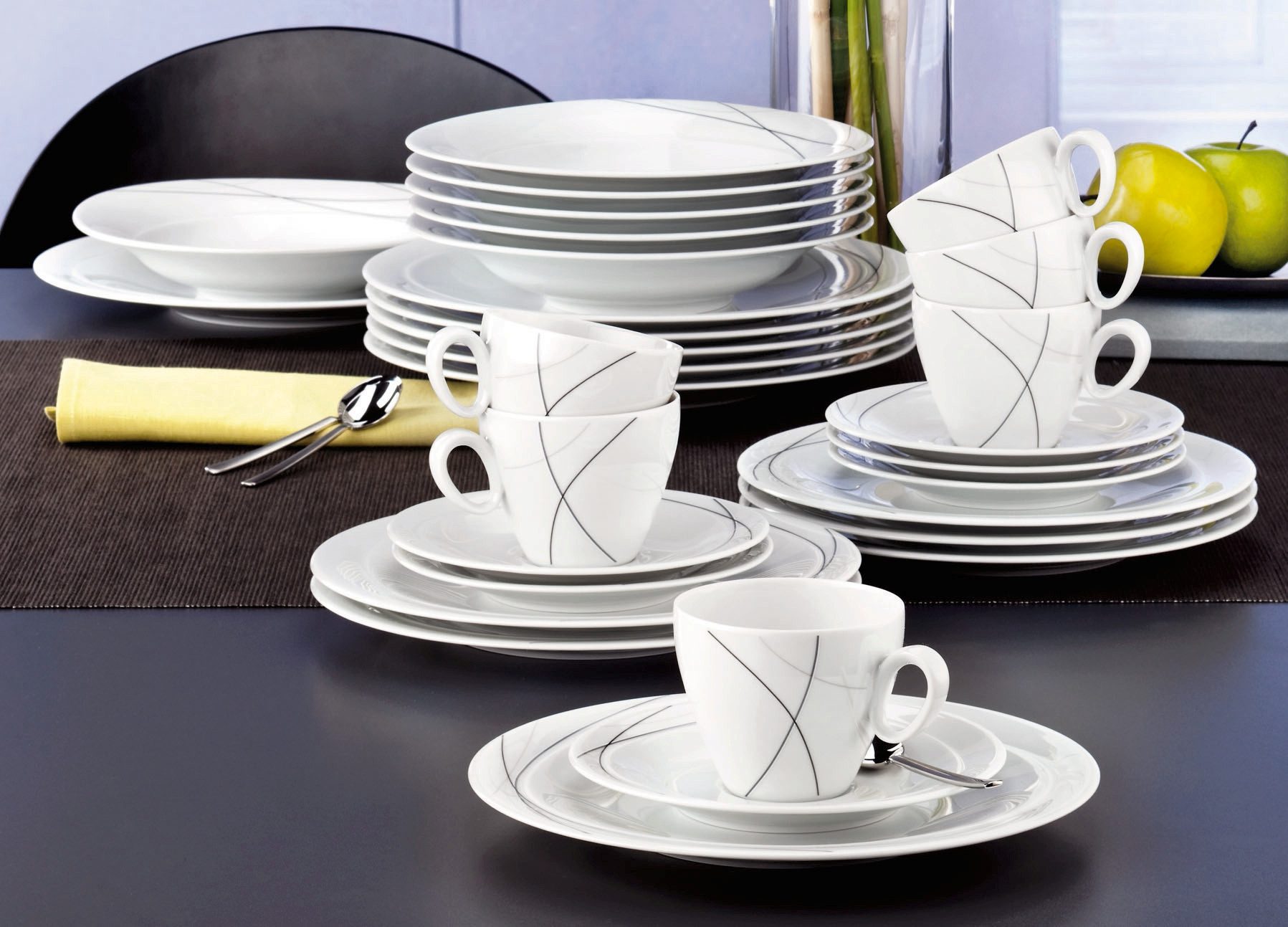 Seltmann Weiden Kombiservice Geschirr-Set, Service Trio Highline (30-tlg), 6 Personen, Porzellan, Teller, Tassen, Untertassen, Made in Germany, 30 Teile, für 6 Personen