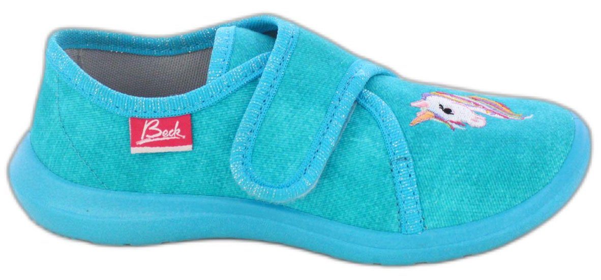 Beck Hausschuh Einhorn Hausschuh (atmungsaktive Materialien, für Kindergarten, Schule, Zuhause) schmale Passform, robuste Materialien, weiche bequeme Decksohle