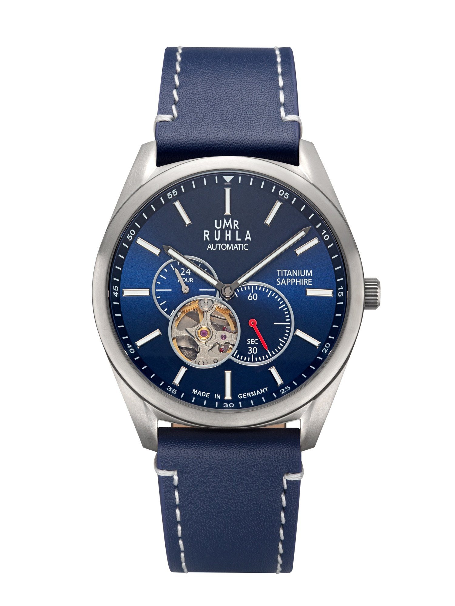 UMR Ruhla Automatikuhr Herrenuhr – Titan, Open Heart, Saphirglas, 80301, blaues Lederarmband, 42 mm - Made in Germany