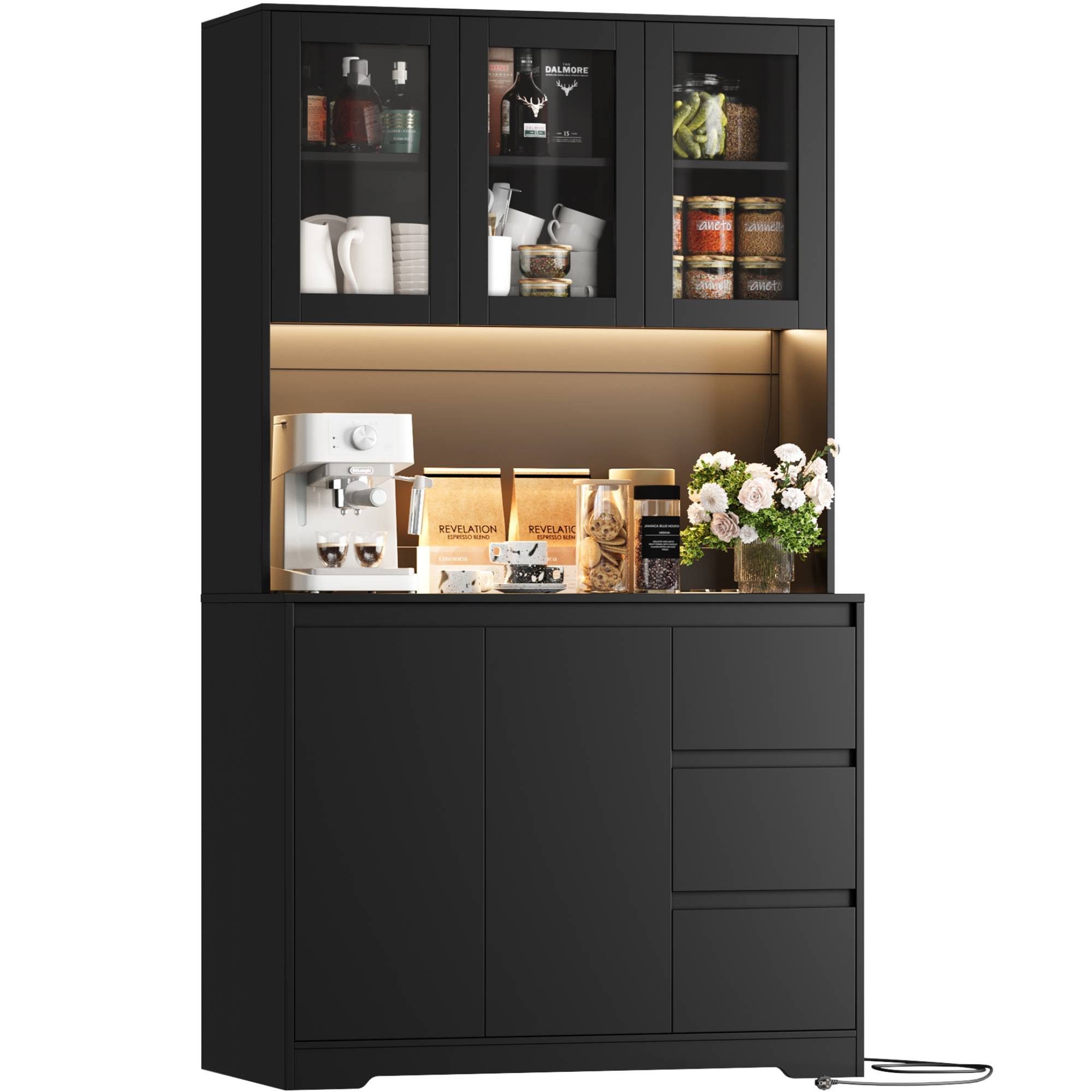 Homfa Küchenbuffet Küchenschrank Buffetschrank Sideboard schwarz mit Steckdosenleiste & Arbeitsplatte 180x100x38,5cm