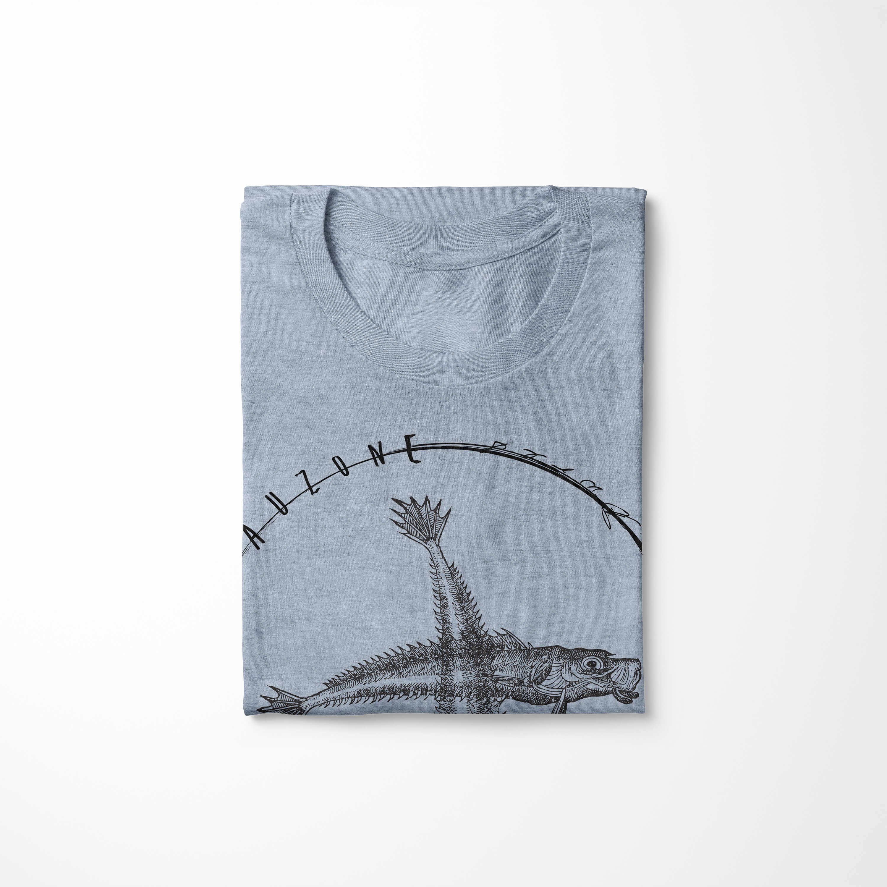 Sinus Art T-Shirt Schnitt Creatures, - / Denim Fische sportlicher und Serie: feine T-Shirt Sea Struktur Tiefsee 074 Stonewash Sea