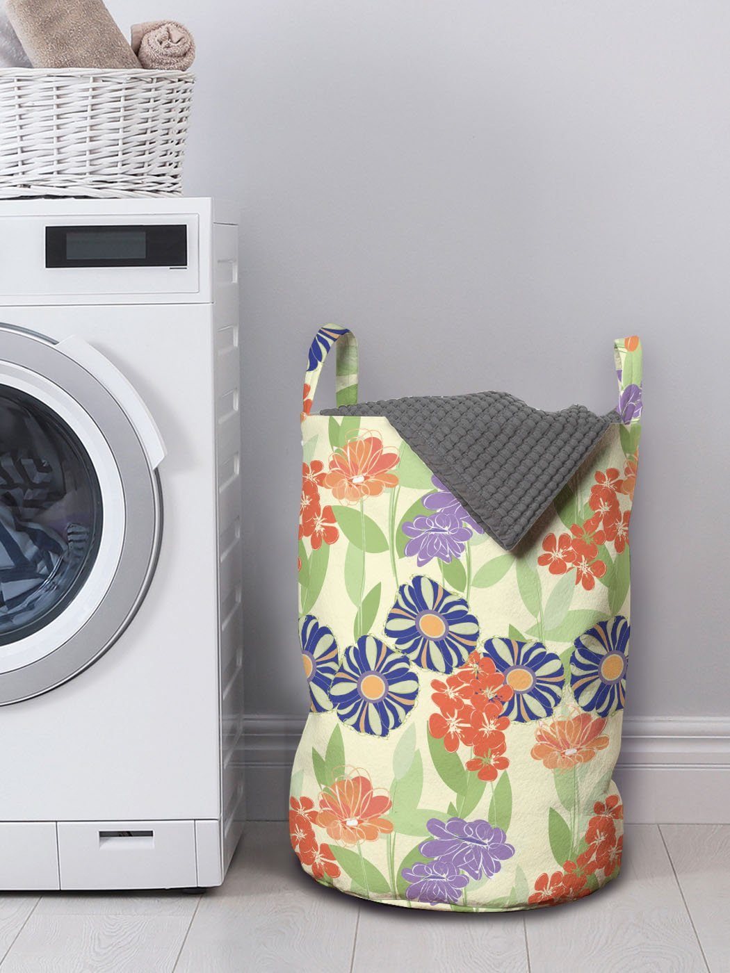 Wäschekorb Waschsalons, Blumen Kordelzugverschluss mit Wäschesäckchen Abakuhaus Art-Sommer-Blumen Doodle für Griffen