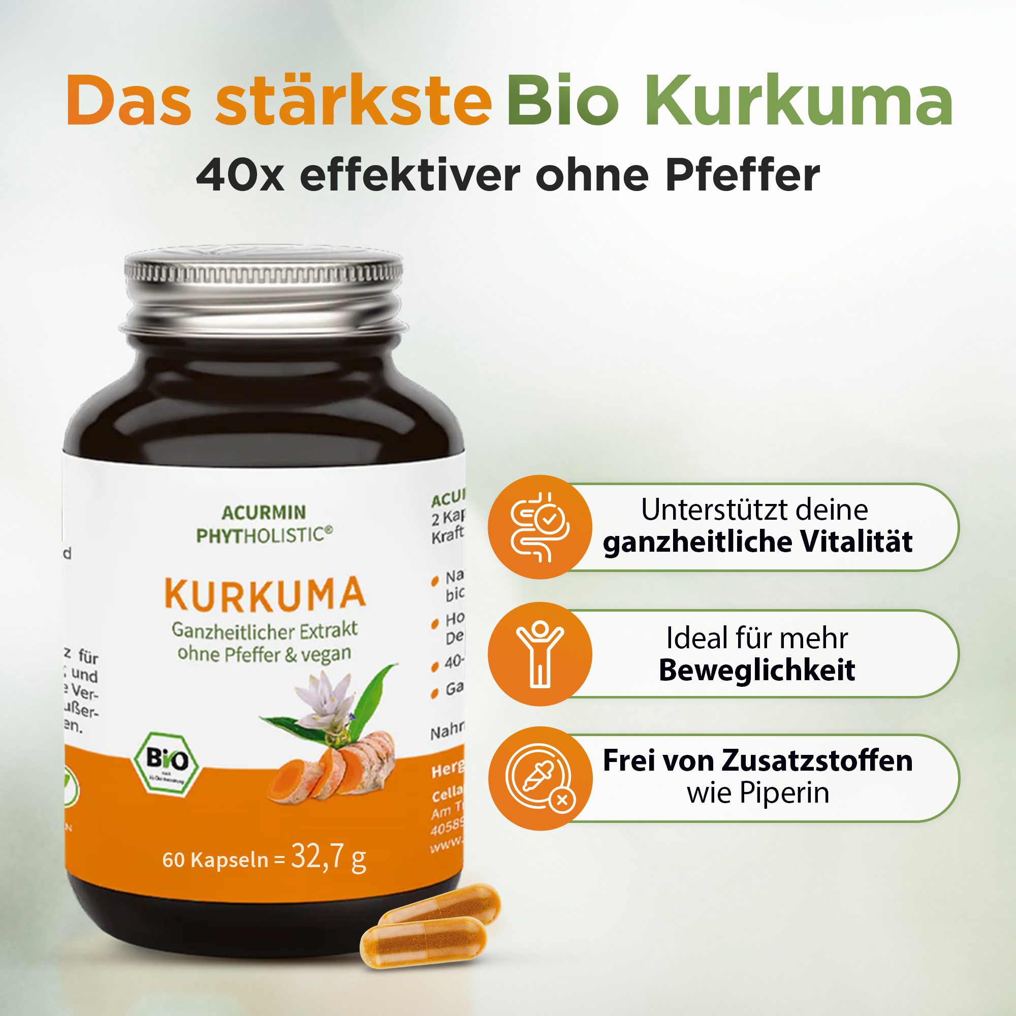 Cellavent Healthcare Stärkste Bio Kurkuma Kapseln ohne Pfeffer - Acurmin Phytholistic Kapseln