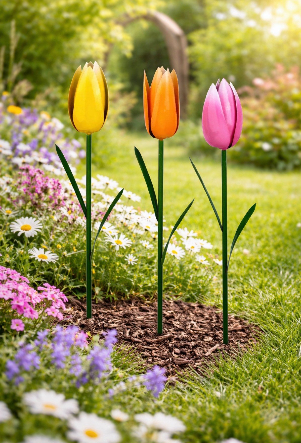 Seyila Home Gartenstecker Tulpen Gartenstecker aus Metall 3er Set – Deko Blumenstecker