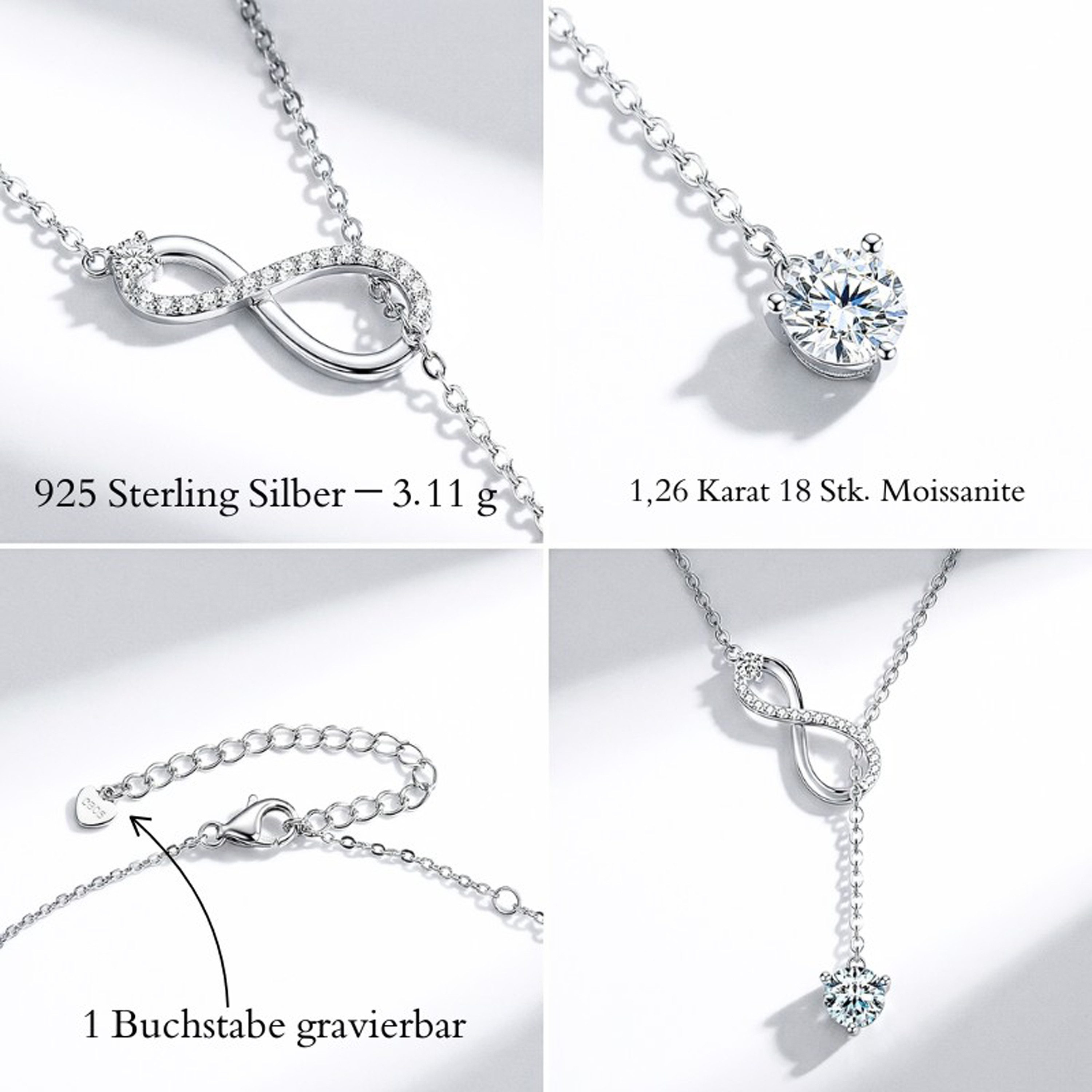 UNIQAL.de Silberkette Damen 925 Silber mit Diamant Moissanit 1,26 Karat - Infinity (Silberkette mit Infinity Moissanit Anhänger, 925 Sterling Silber weißgold oder 14K gold veredelt, inkl. Luxuriöse Schmuck Geschenkbox), Moissanit VVS1 Reinheit, GRA-Zertifikat, Halskette Geschenk für Damen