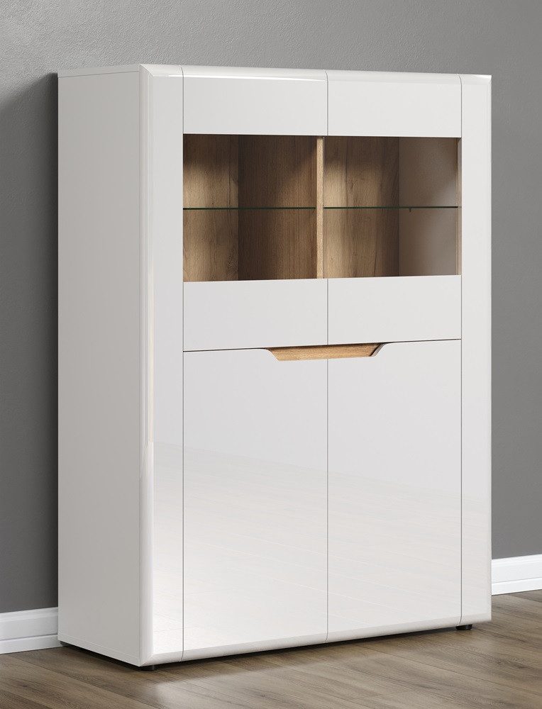 MCA furniture Vitrine Highboard Marlon, weiß Hochglanz / Evoke Eiche ohne Beleuchtung