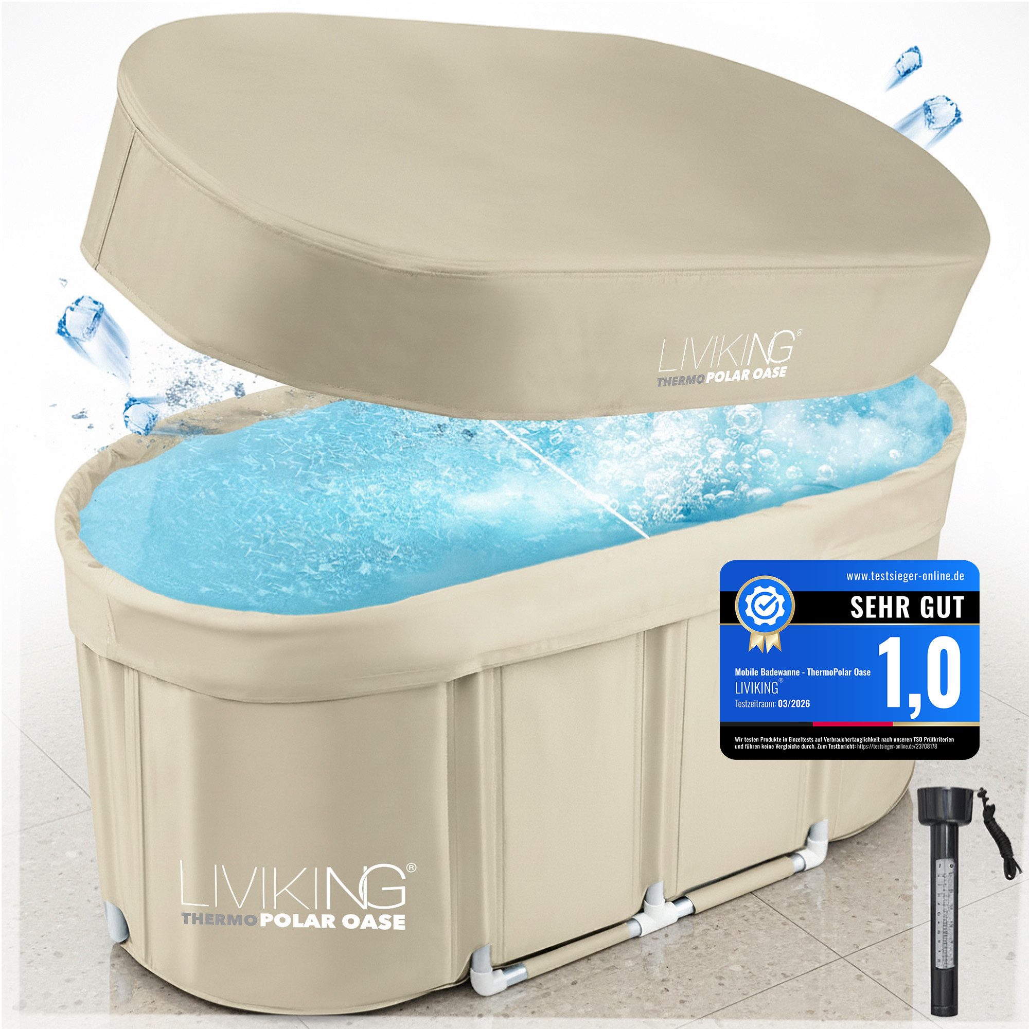 LIVIKING® Badewanne faltbar & Eisbad - 120cm KOMFORT - mobile Outdoor Badewanne Erwachsene, (KOMPLETTSET ThermoPolar Oase - ovale Sport Eistonne), ThermoPolar Isolierung, SolidShape Rahmen, Balkon Mini Pool Eisfass
