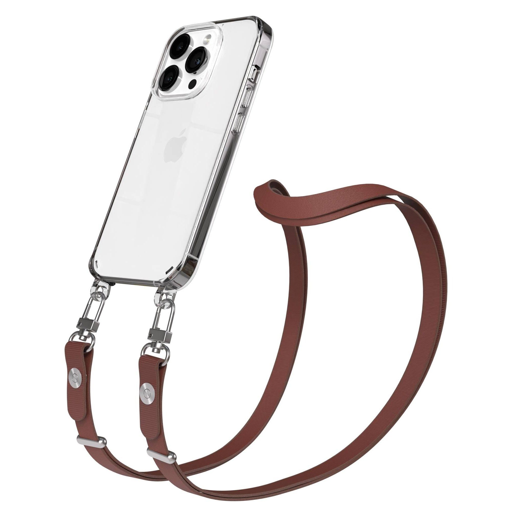 EAZY CASE Handykette für Apple iPhone 14 Pro Handyhülle mit Handyband magnetisch, Handykordel in Dunkelbraun mit Magnetband für Hüllen mit 2x2 Löchern