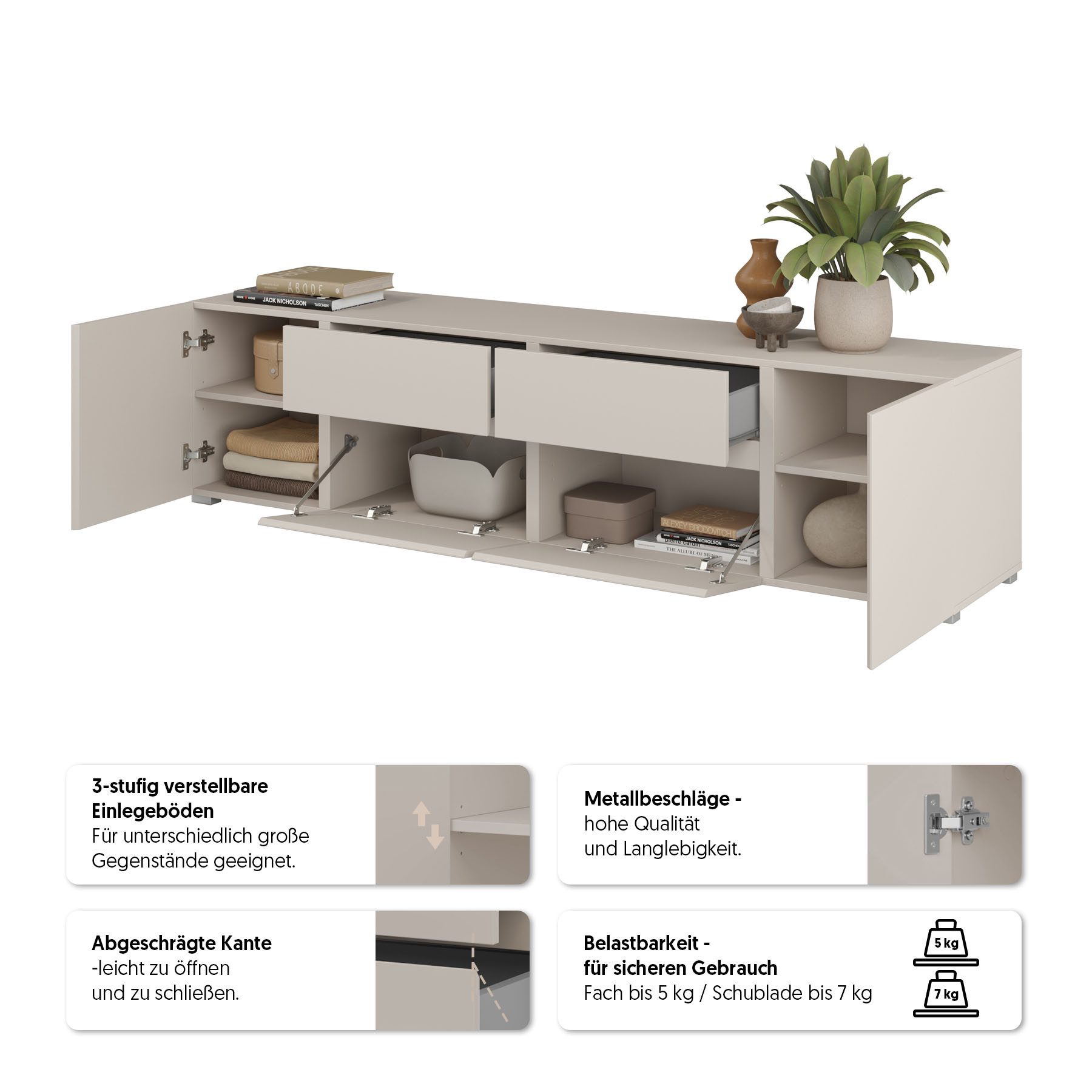 OTTO home Lowboard Metric,Breite 195cm, grifflose Lowboard 2Klappen/2Schubkästen/2Tür, TV-Schrank mit viel Stauraum, TV-Board