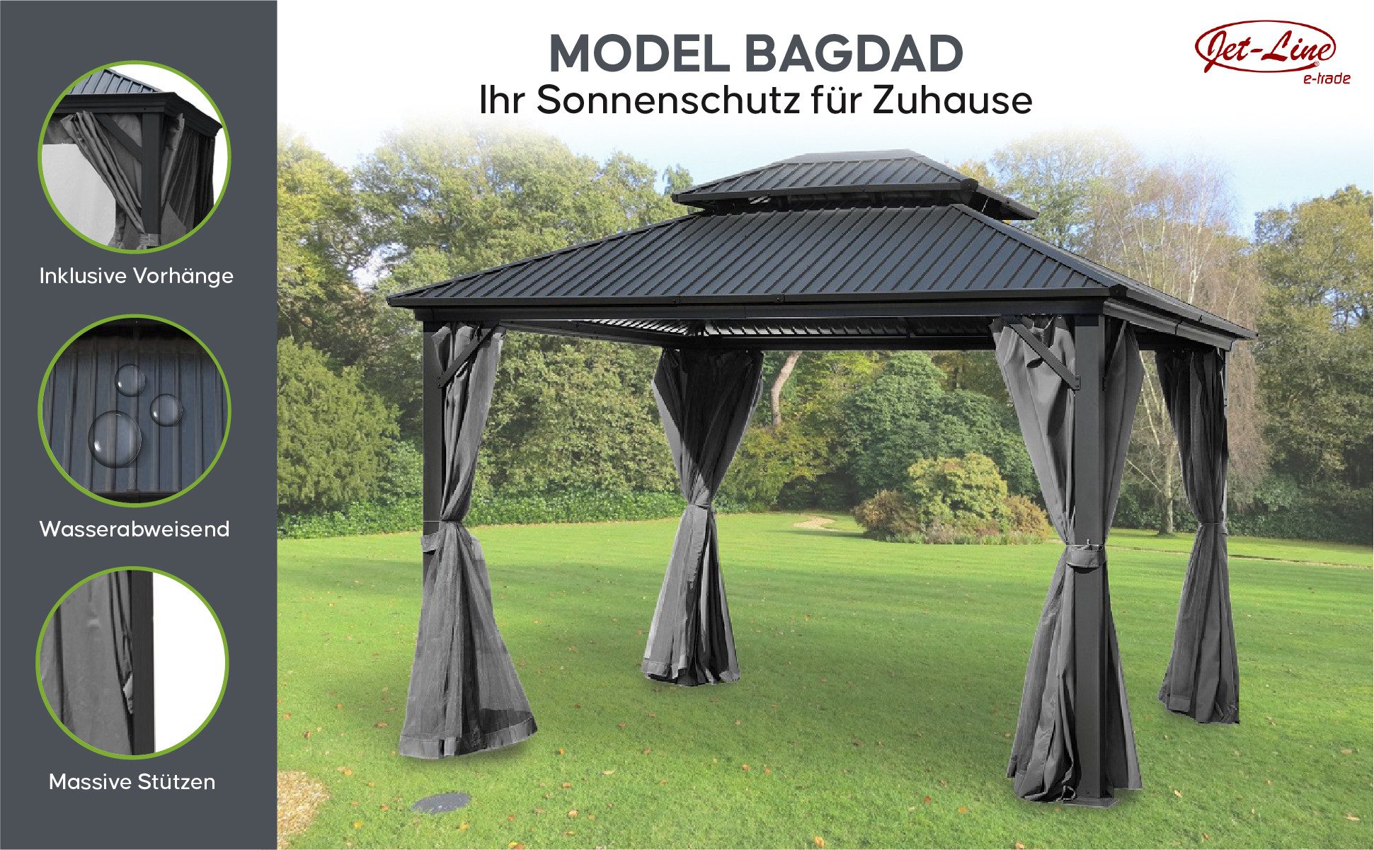 Jet-Line Pavillon Pavillon Gartenpavillon 3,65x3,65m BAGDAD anthrazi