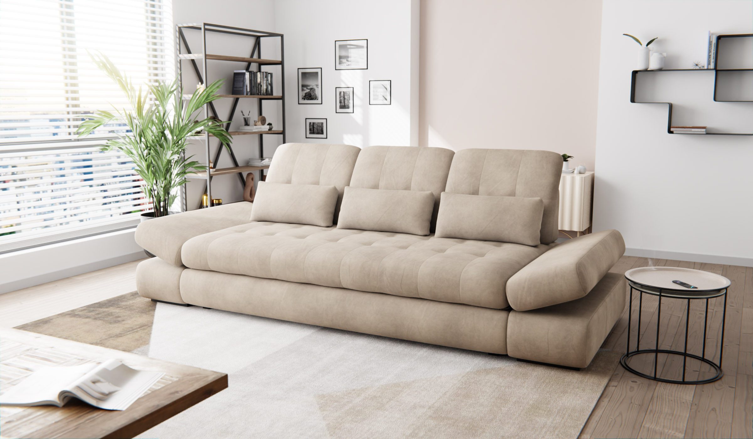 Hygger Möbelhaus Big-Sofa Bronx XXL Couch Inkl. Sitztiefenverstellung, Arm, Kopfteilverstellung, Wahlweise mit Bettfunktion, Schlaffläche 165 cm, 3 Nierenkissen., Der Rahmen ist verstärkt, Hergestellt in Europa