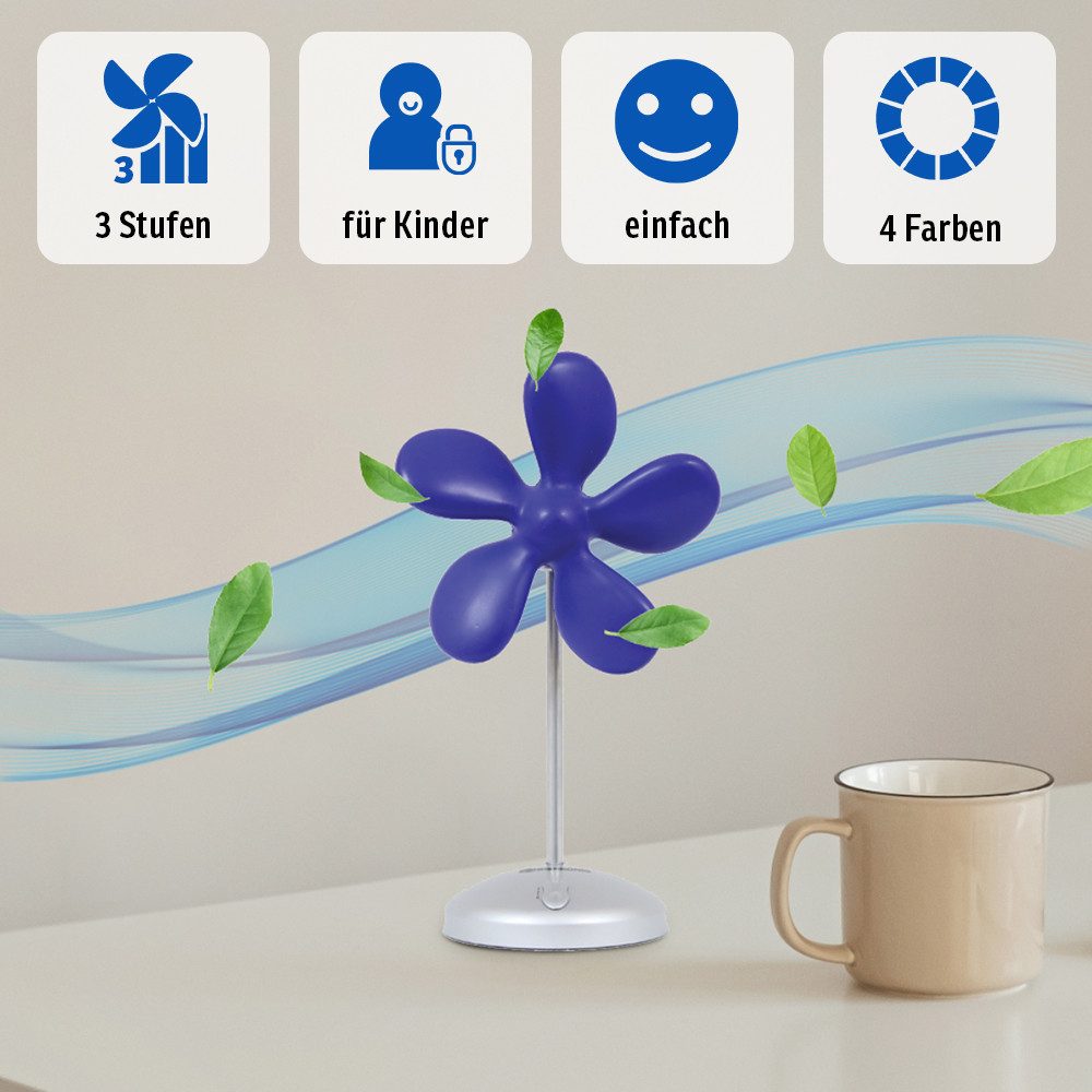 Sonnenkönig Tischventilator Flower Fan blau, Leistung 9W, Tischventilator, fürs Kinderzimmer, PU-Schaum, frischer Trend, 5 Ventilationsblätter