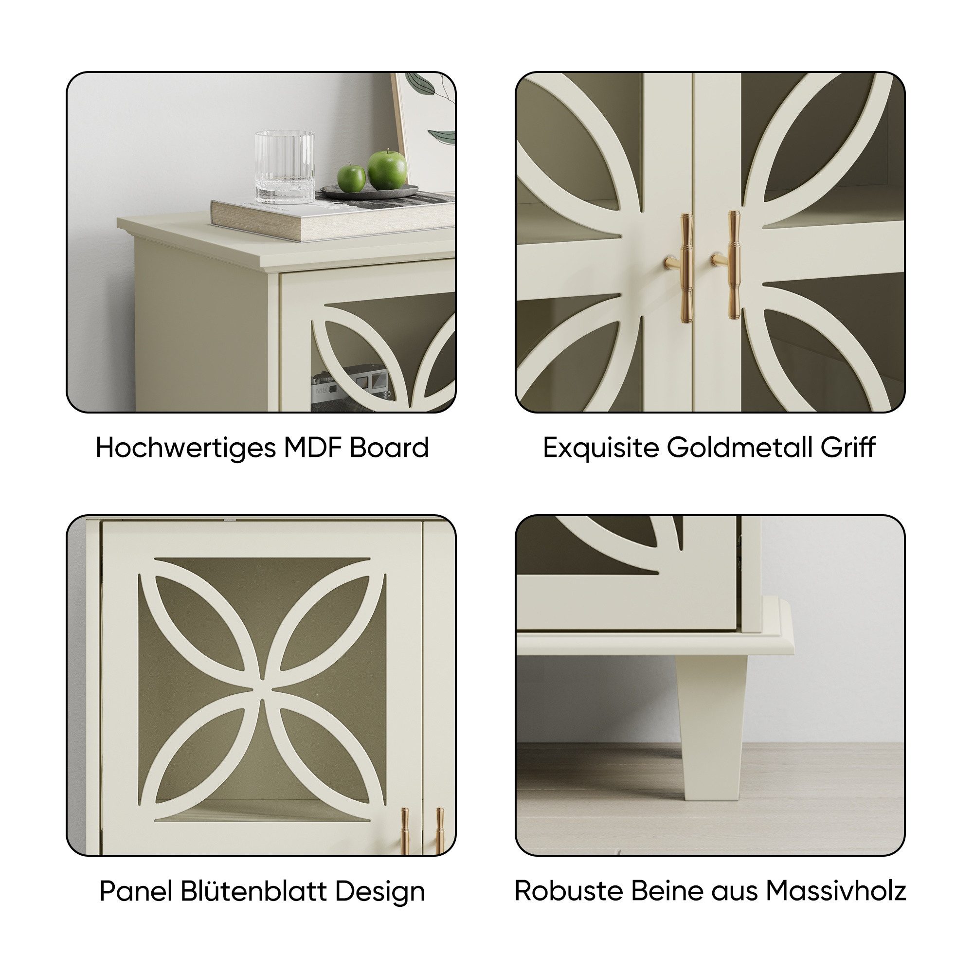 IDEASY Sideboard Sideboard mit verstellb. Böden & Hartglastüren Creme