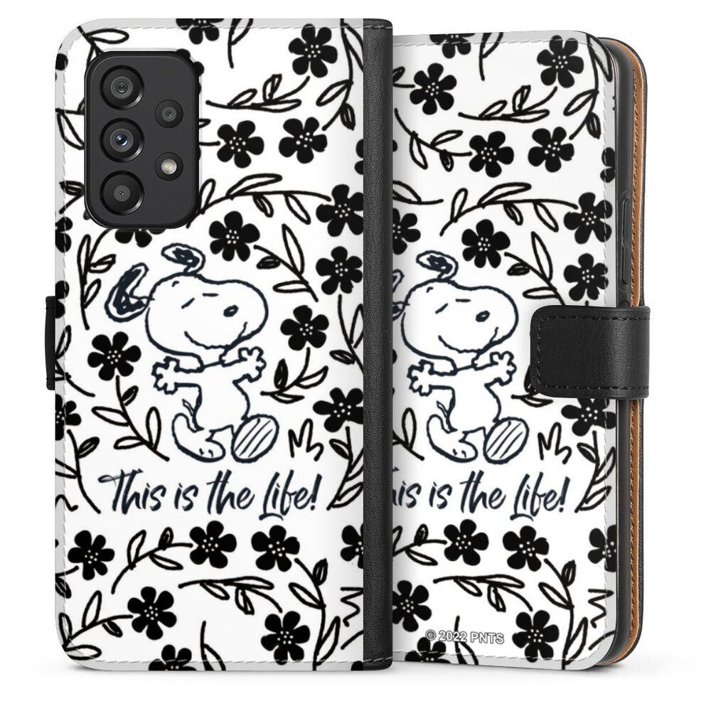 DeinDesign Handyhülle Peanuts Blumen Snoopy Snoopy Black and White This Is The Life, Samsung Galaxy A53 5G Hülle Flip Case Klapphülle Handytasche Leder