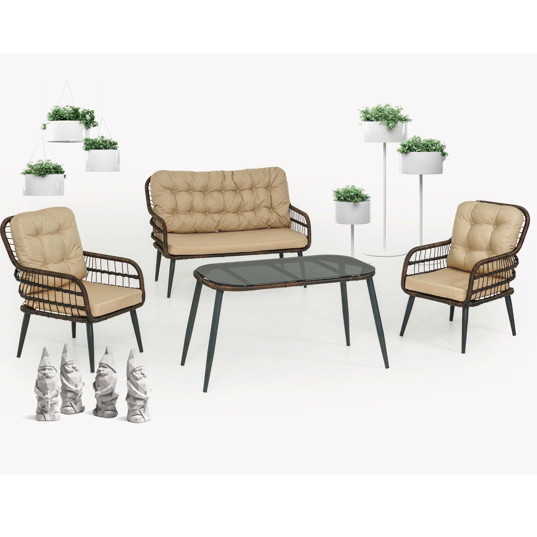 Capri Swing Gartenlounge-Set Rattan Lounge Gartenmöbel Set 4 Personen Bistroset mit Stühle & Bank