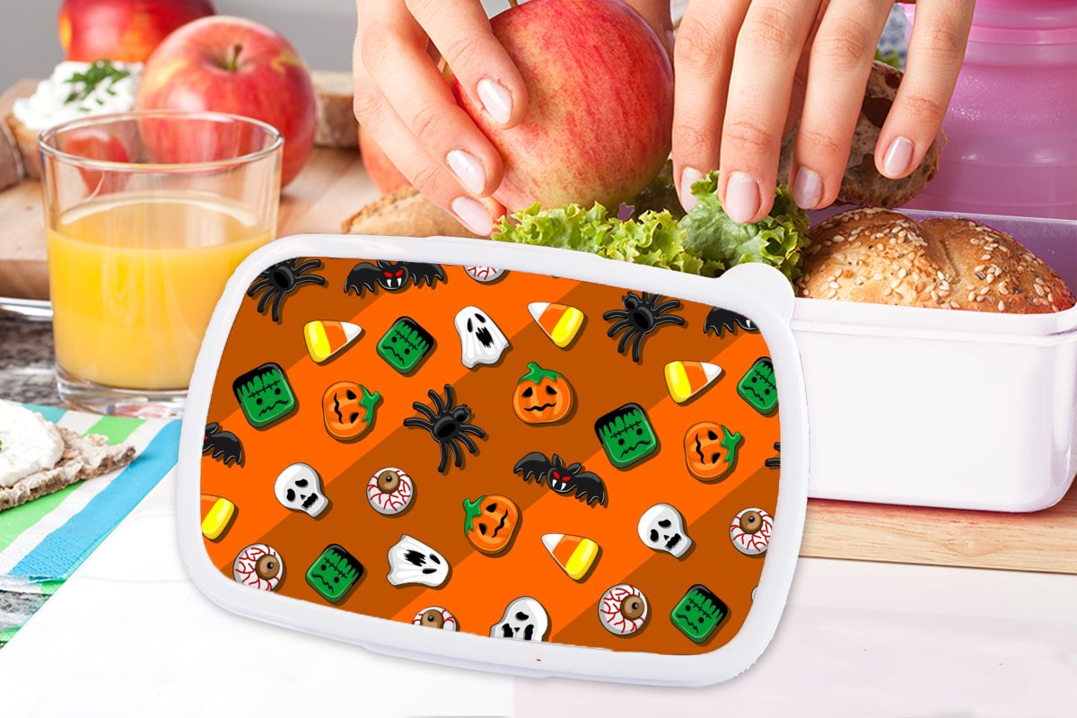 MuchoWow Lunchbox Süßigkeiten Kunststoff, (2-tlg), für Erwachsene, - Jungs - für Kinder Halloween Mädchen und weiß Brotdose, Brotbox Muster, und