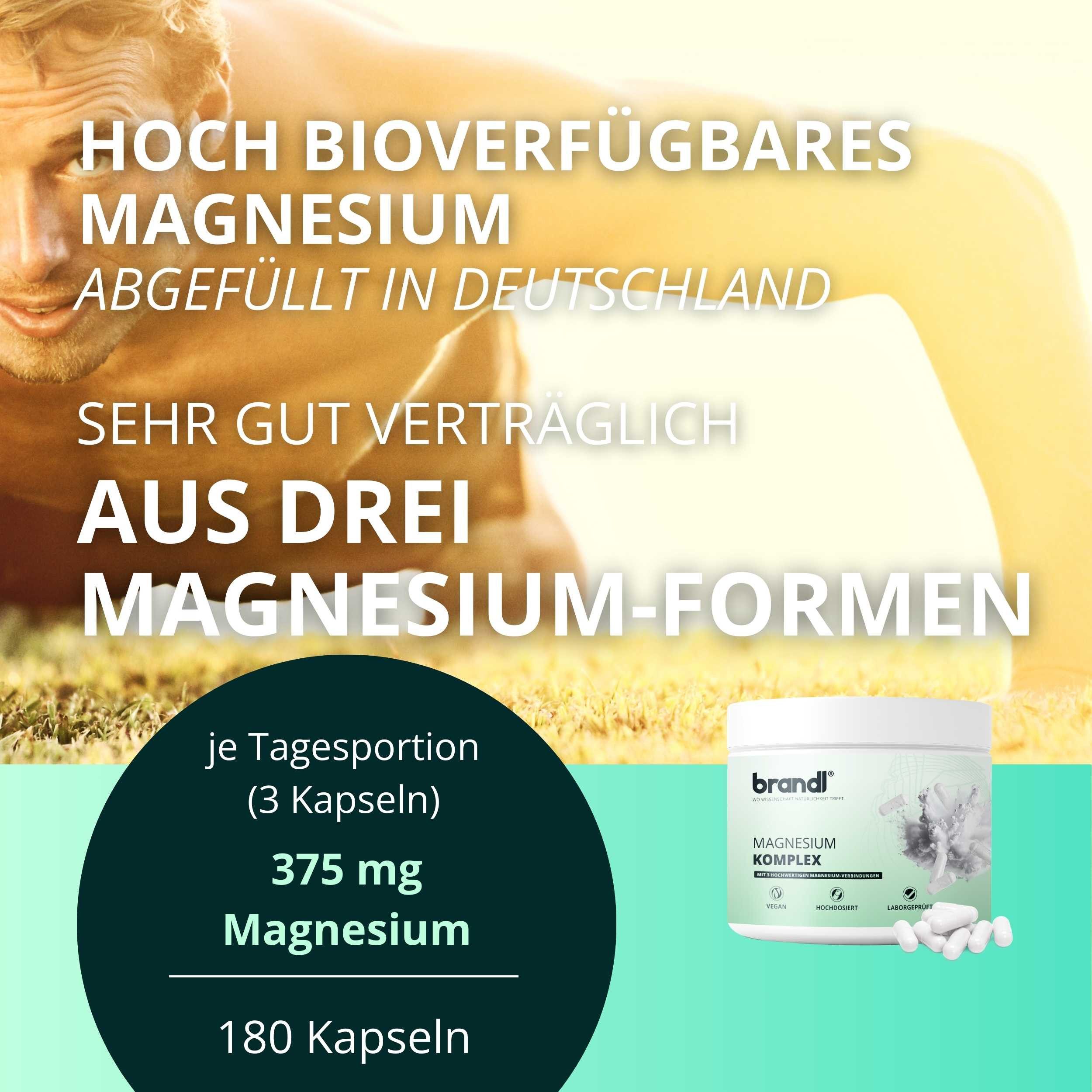 Brandl Nutrition Magnesium-Komplex aus Citrat, Malat & Bisglycinat - ideal für Sportler Kapseln, Hochdosierte Kapseln mit 375 mg, unabhängig laborgeprüft