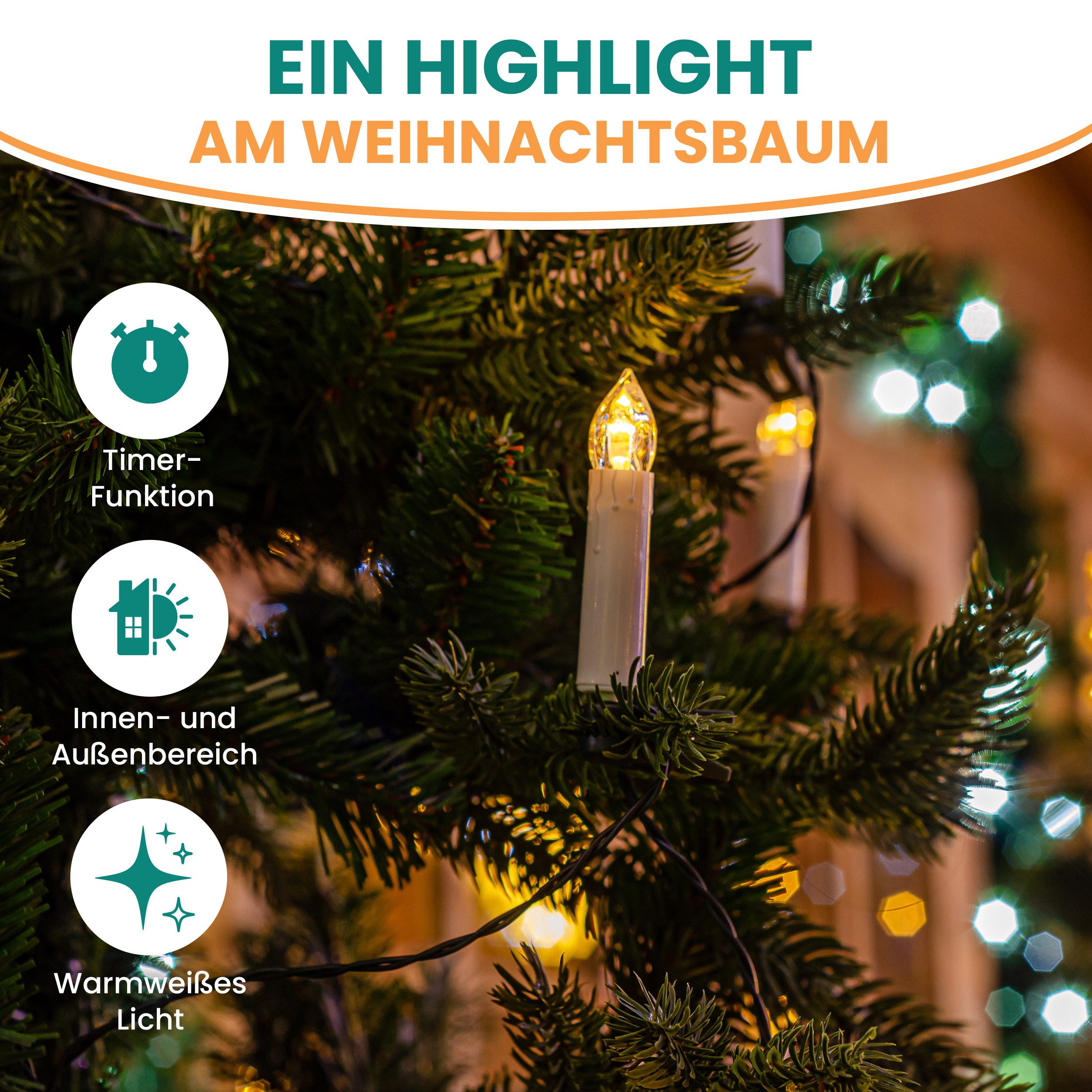 Gartenpirat LED-Lichterkette 14,5m 30 LED-Kerzen warmweiß Timer Weihnachtsbeleuchtung Innen&Außen
