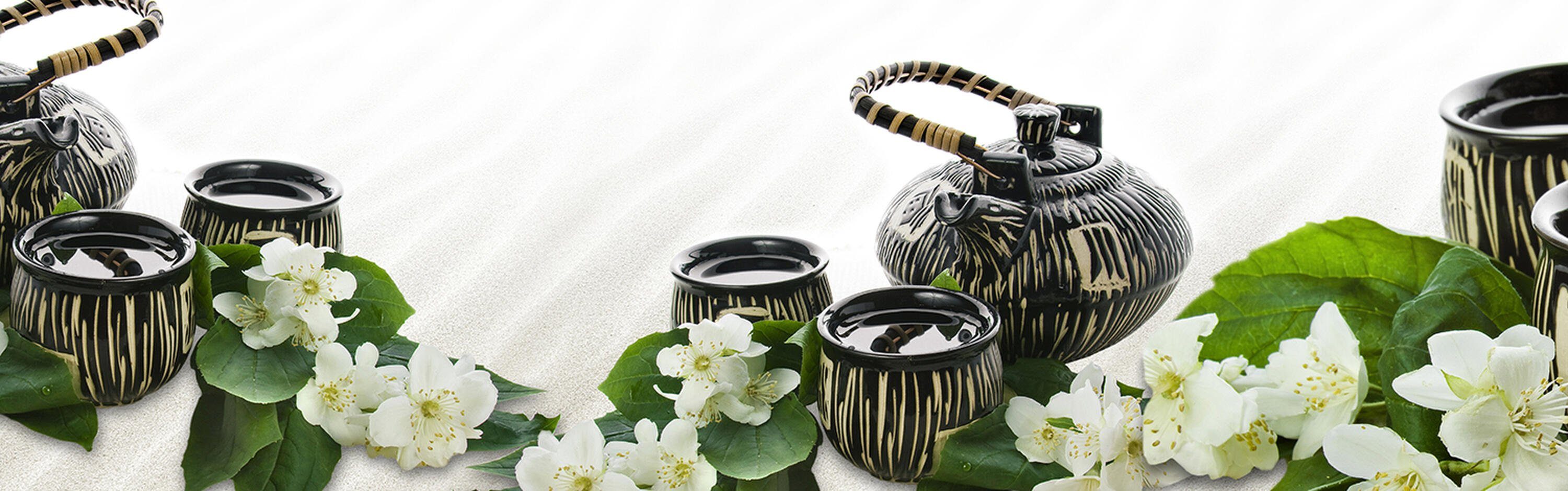 Muster Schwarz Tee Premium Hartschaum Kanne, wandmotiv24 (1-tlg), Größen Tasse versch. Nischenrückwand Weiß in Küchenrückwand