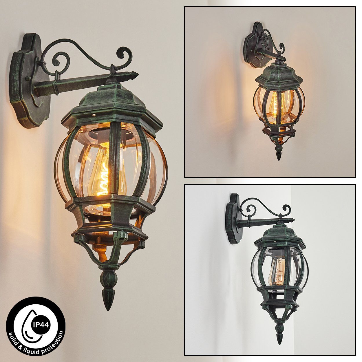 hofstein Außen-Wandleuchte »Meyen« Wandlampe abwärts aus Metall in Schwarz/Grün/Klar, ohne Leuchtmittel, Wandleuchte mit E27, Außenleuchte, IP44