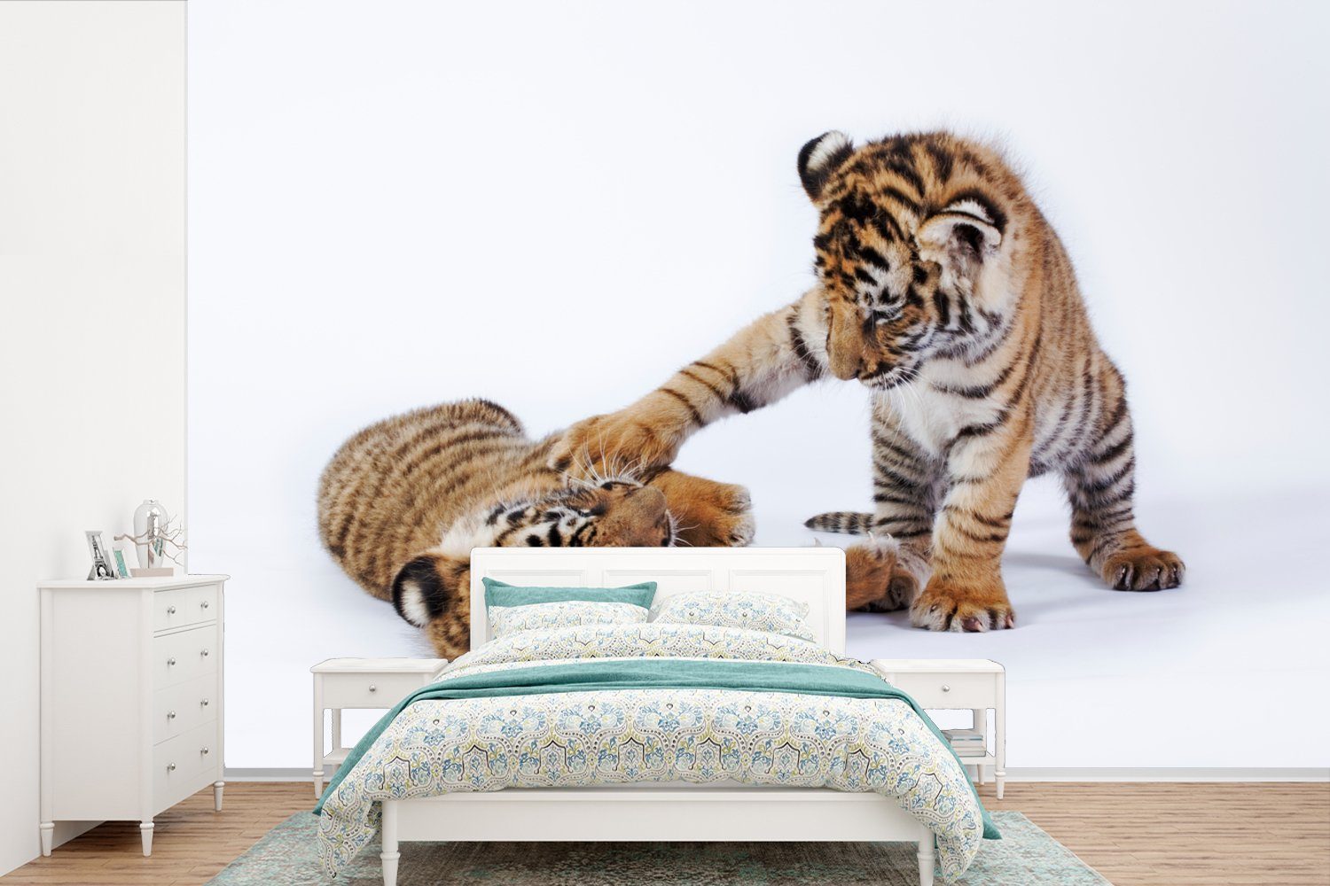 MuchoWow Fototapete Tiger - Jungtier - Weiß, Matt, bedruckt, (6 St), Wallpaper für Wohnzimmer, Schlafzimmer, Kinderzimmer, Vinyl Tapete