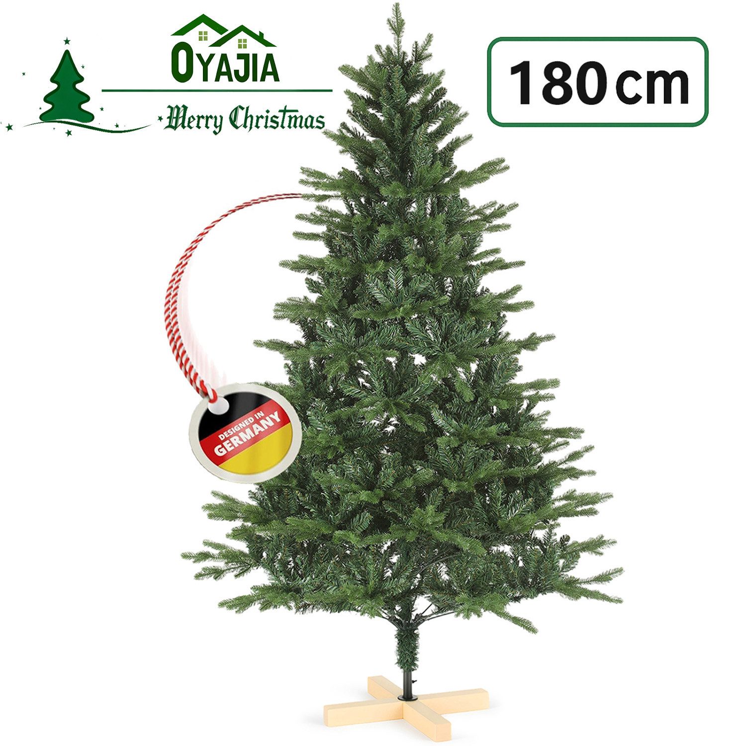oyajia Künstlicher Weihnachtsbaum Künstlicher Weihnachtsbaum mit Holzbeinen, Tannenbaum, 180 cm, 900 Zweige, PVC/PE