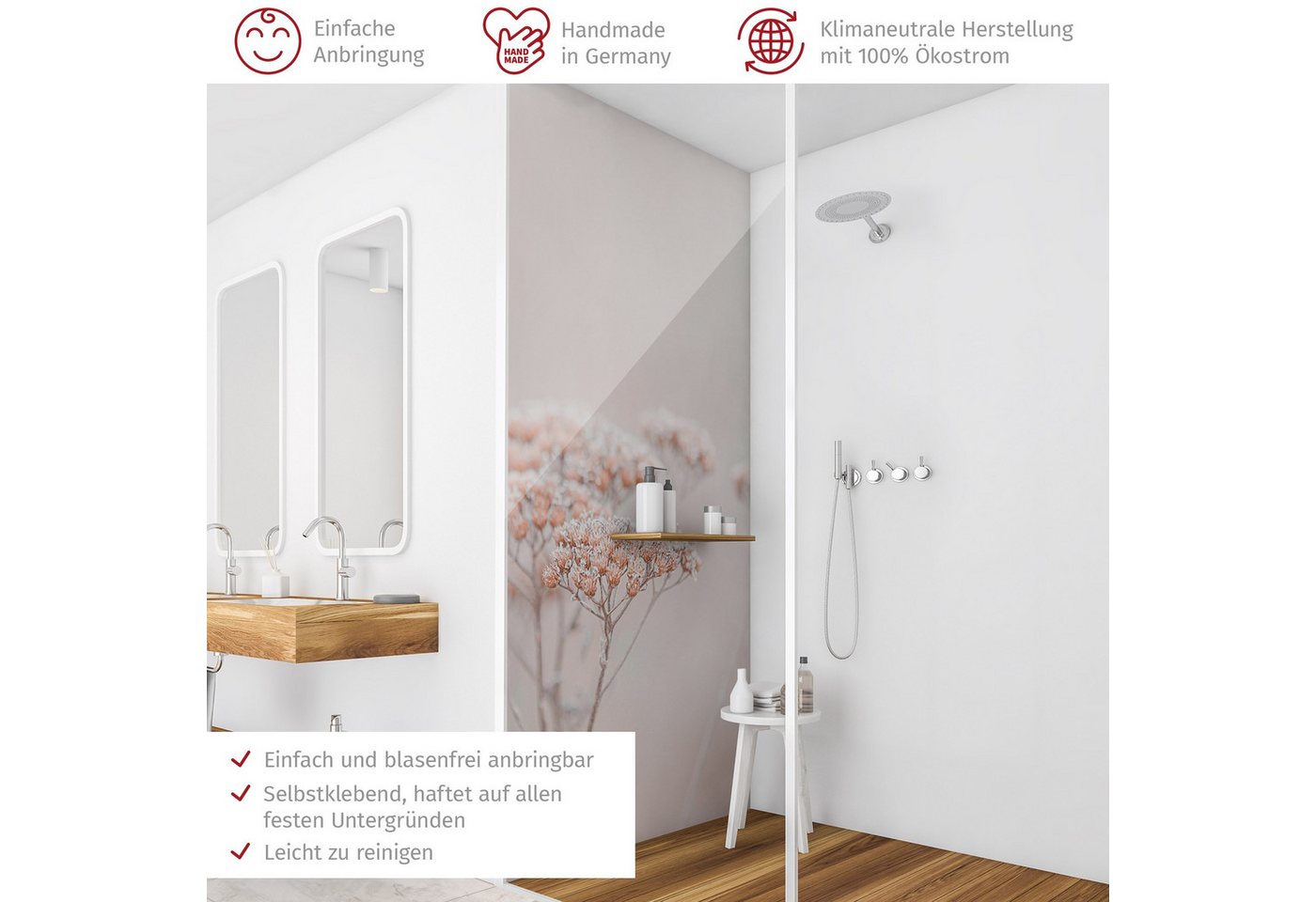 Thumbnail - Bilderdepot24 Badrückwand Landhaus rosa Duschrückwand ohne Bohren Dusche Floral, (1-tlg., Hart-Folie Smart matt 0,35 mm)...