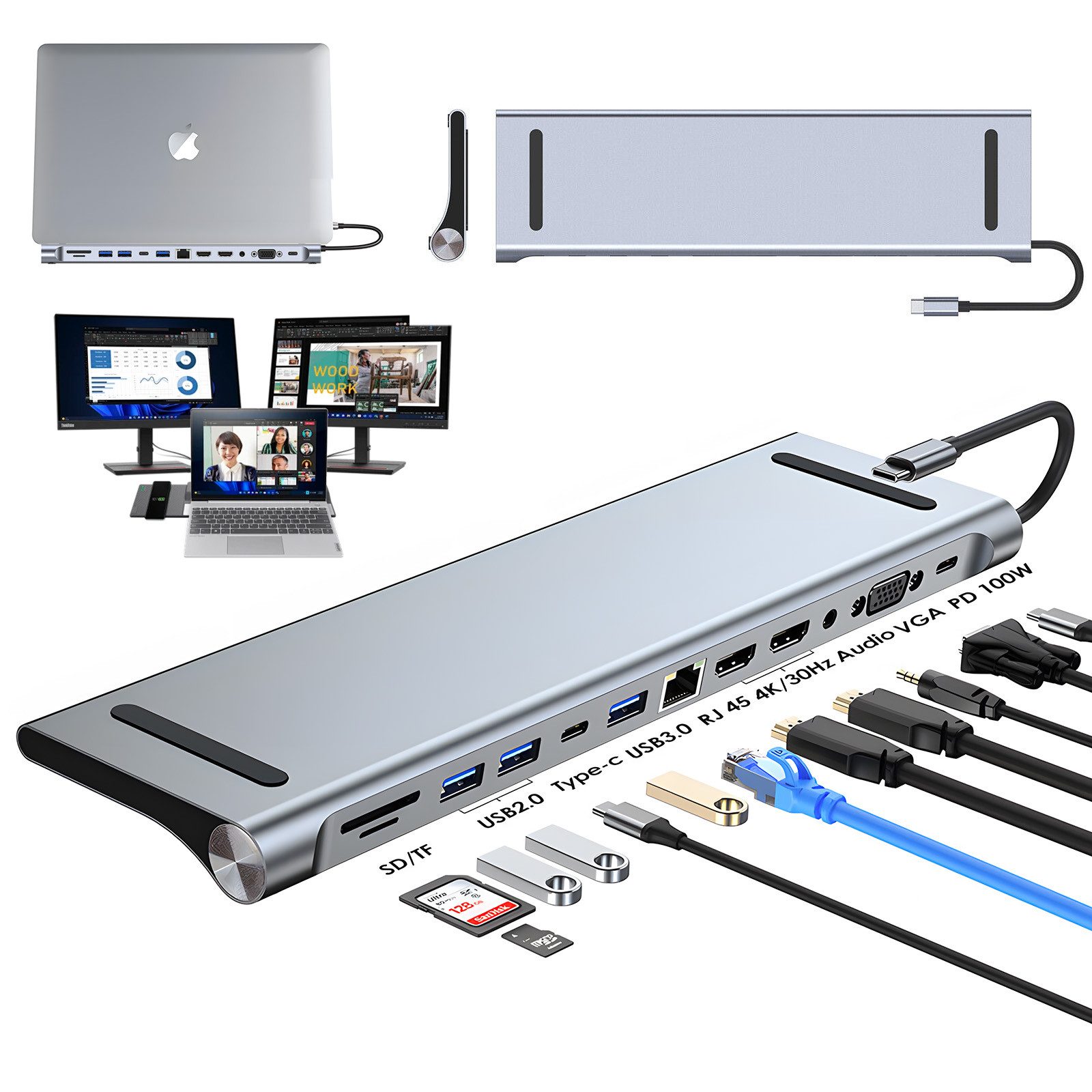 AKKEE Laptop-Dockingstation 12-in-1 drei Displays (HDMI+HDMI+VGA) HDMI 4K, USB 3.0, USB 2.0 Typ-C, 100W PD für Macbook iPad