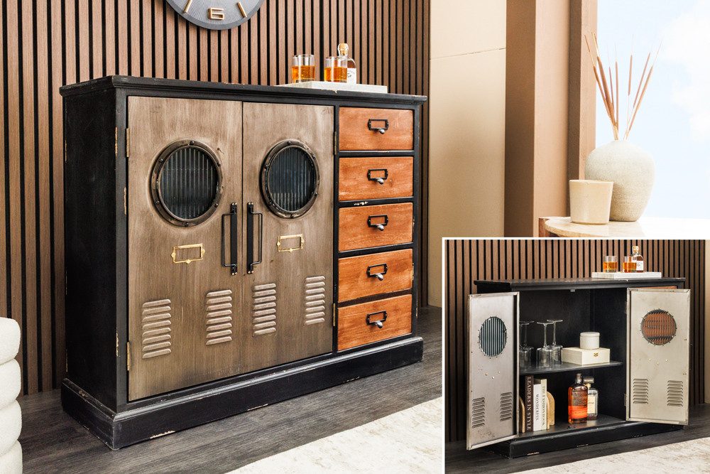 riess-ambiente Sideboard NAUTILUS 105cm schwarz/braun/grau - Massivholz, Metall, Vintage Design (Einzelartikel, 1 St), Industrial Kommode mit Bullaugen-Design – ideal für Wohnzimmer & Flur