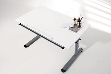 Schreibtisch Computertisch MARCO, Weiß, Silberfarben, 120 x 53 x 70 cm, manuell höhenverstellbar, neigbar