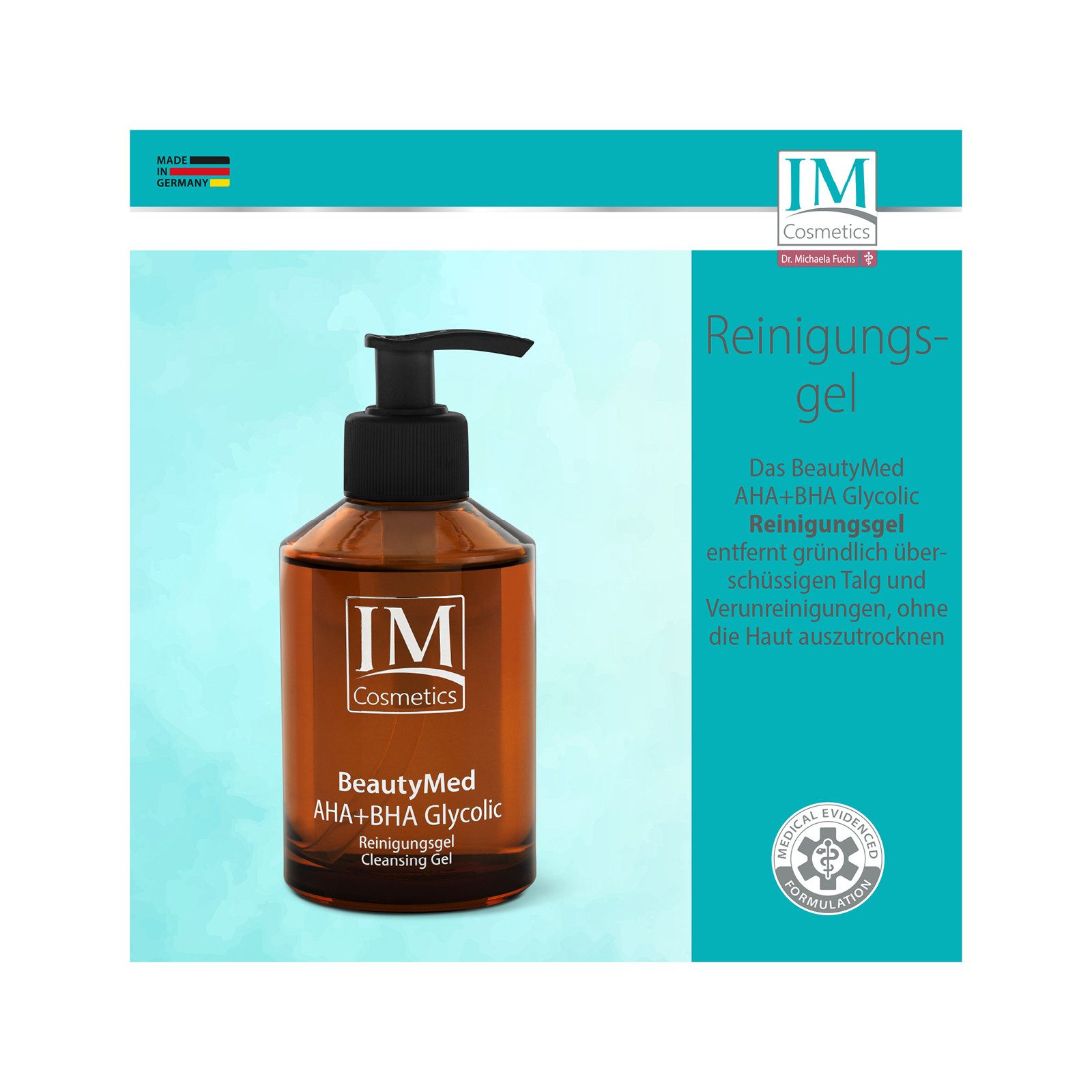 Genius Gesichtsreinigungsgel IM Cosmetics BeautyMed AHA + BHA gegen Pickel & Mitesser, 200 ml, Multi-Acid-Complex unterstützt die Hauterneuerung