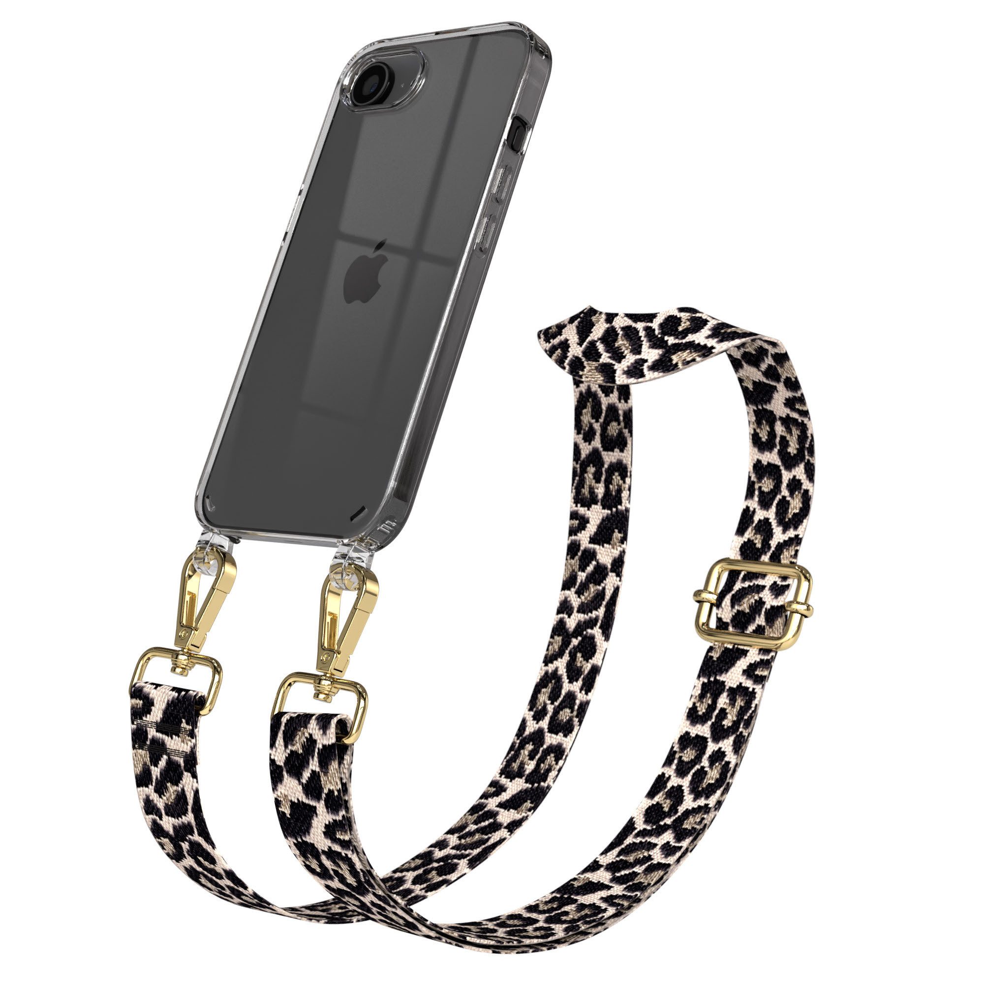 EAZY CASE Handykette Apple iPhone 16e Chain Eyelets Slim Neck Strap Set 6,1 Zoll, Body Bag Leo Wechselband Ersatzgurt klare Hülle Silicon Schwarz Beige